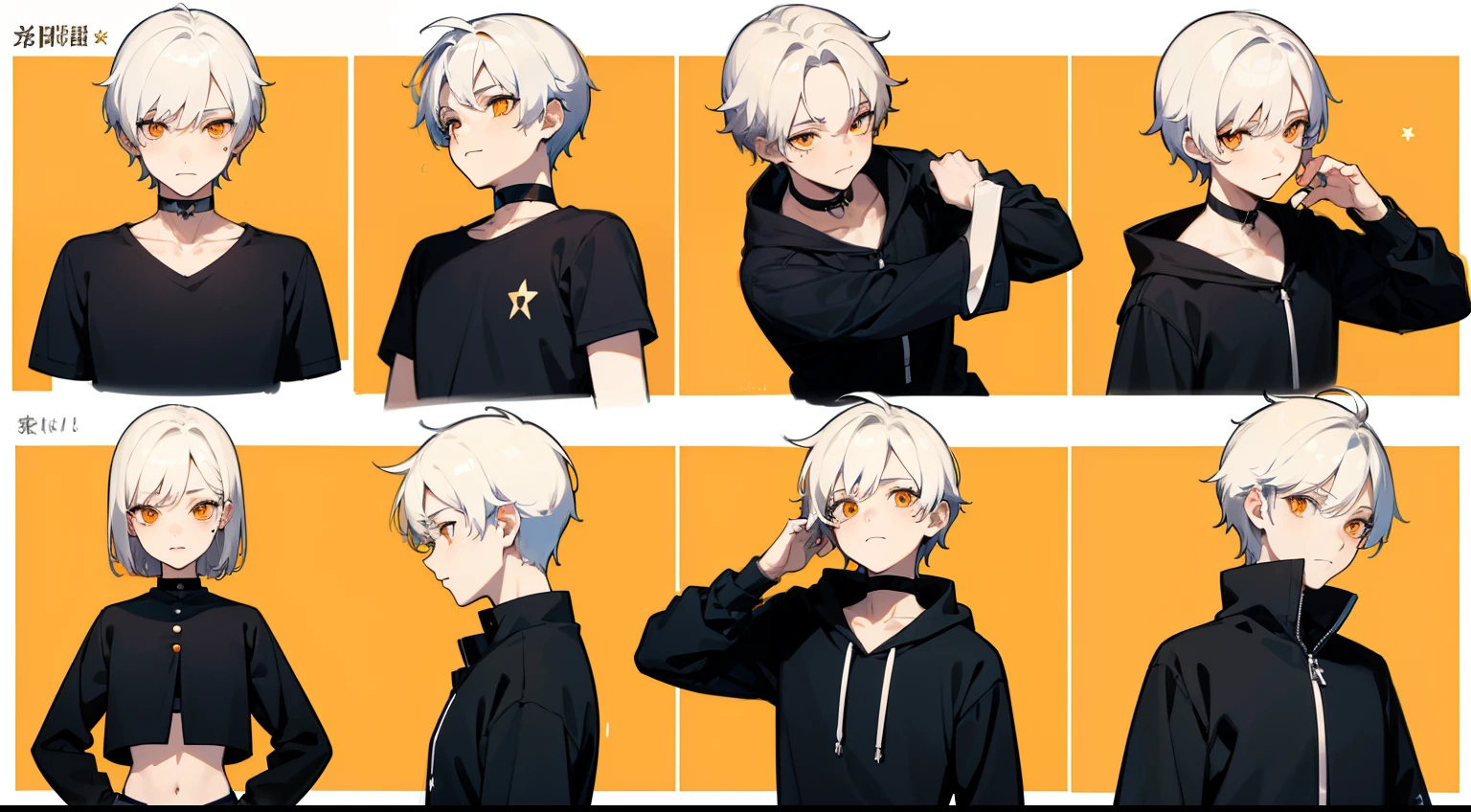 ((Masterpiece, Highest quality)), Detailed face, character sheets, full bodyesbian, Full of details, Multiple poses and expressions, Highly detailed, Depth, Many parts, 1boys,for 6 years old :3, White color hair,Black pick dye, Black crop top, mitts, Stockings, Black choker, Orange eyes, Star (symbol), pupils in symbol shapes