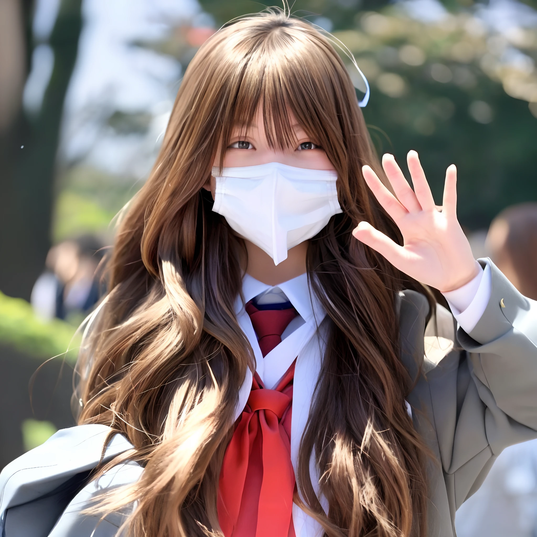 Anime High School Girl、I can't see my face、wave her hand、long brown hair、sano