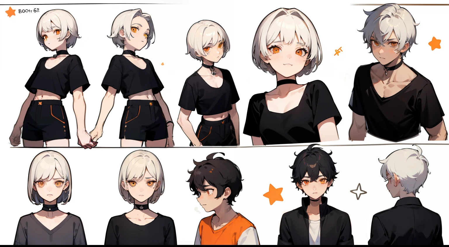 ((Masterpiece, Highest quality)), Detailed face, character sheets, full bodyesbian, Full of details, Multiple poses and expressions, Highly detailed, Depth, Many parts, 1boys,for 6   :3, White color hair，Black pick dye， Black crop top， mitts, Stockings, Black choker, Orange eyes, Star (symbol), pupils in symbol shapes