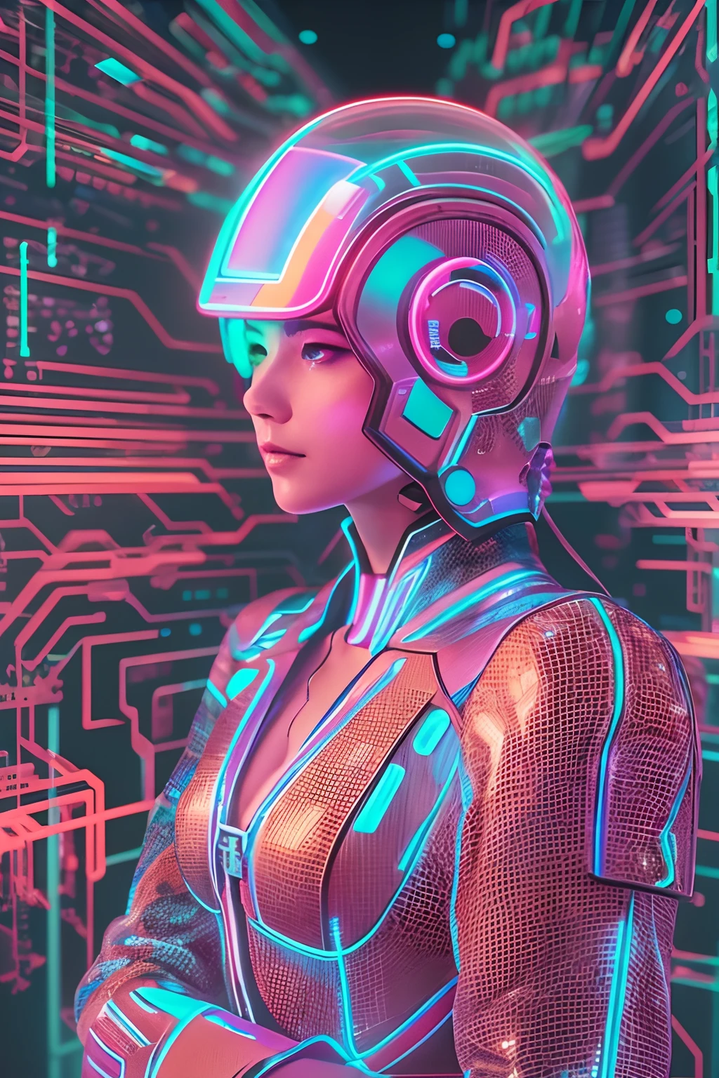 Digital Girl, Parts Hologram, (Best Quality,4K,8K,hight resolution,masutepiece:1.2),Ultra-detailed,(Realistic,Photorealistic,Photorealsitic:1.37), Vivid colors, Bokeh, 3D Rendering, interactive art, Futuristic landscape, Luminescent circuit pattern like the art of French painter Moebius, cyberpunk aesthetic, Bright blue neon light, Pixelated effects, glowing particles, Motion Blur, glitch effect, High-tech fashion, Holographic makeup, Reflective surfaces, Dynamic Posing, sleek, Mobius-inspired design, Immersive virtual reality environments.Movie Tron、moebius、Syd Mead、Kevin Flynn、tron(1982,movie),Pure white suit covering the whole body、Movie Tron Helmet、Electronic circuit pattern、Cindy Morgan、Lola、Short-cut hairstyles、helmets、Neon pattern on helmet、TRON Design、