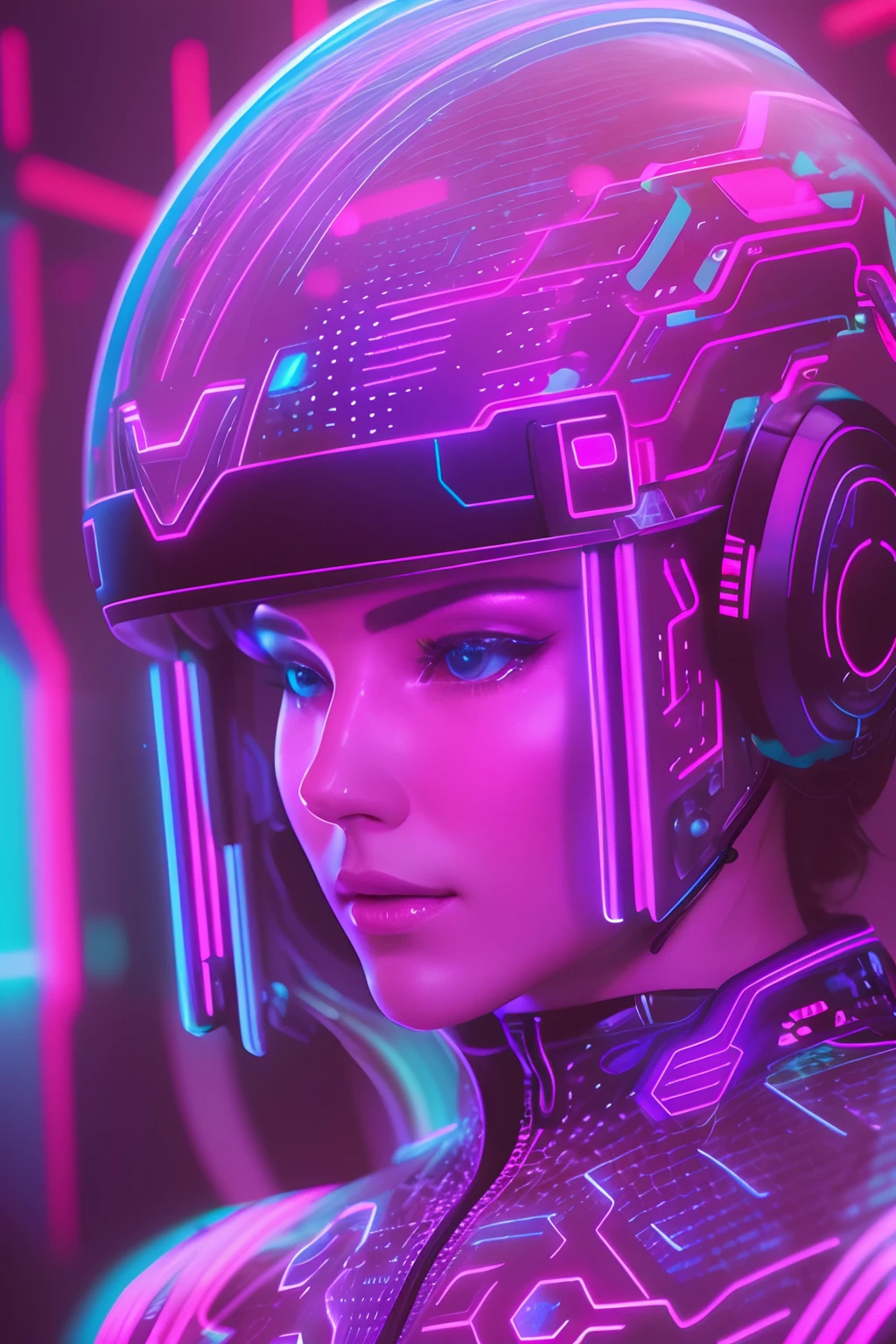 Digital Girl, Parts Hologram, (Best Quality,4K,8K,hight resolution,masutepiece:1.2),Ultra-detailed,(Realistic,Photorealistic,Photorealsitic:1.37), Vivid colors, Bokeh, 3D Rendering, interactive art, Futuristic landscape, Luminescent circuit pattern like the art of French painter Moebius, cyberpunk aesthetic, Bright blue neon light, Pixelated effects, glowing particles, Motion Blur, glitch effect, High-tech fashion, Holographic makeup, Reflective surfaces, Dynamic Posing, sleek, Mobius-inspired design, Immersive virtual reality environments.Movie Tron、moebius、Syd Mead、Kevin Flynn、tron(1982,movie),Pure white suit covering the whole body、Movie Tron Helmet、Electronic circuit pattern、Cindy Morgan、Lola、Short-cut hairstyles、helmets、Neon pattern on helmet、TRON Design、