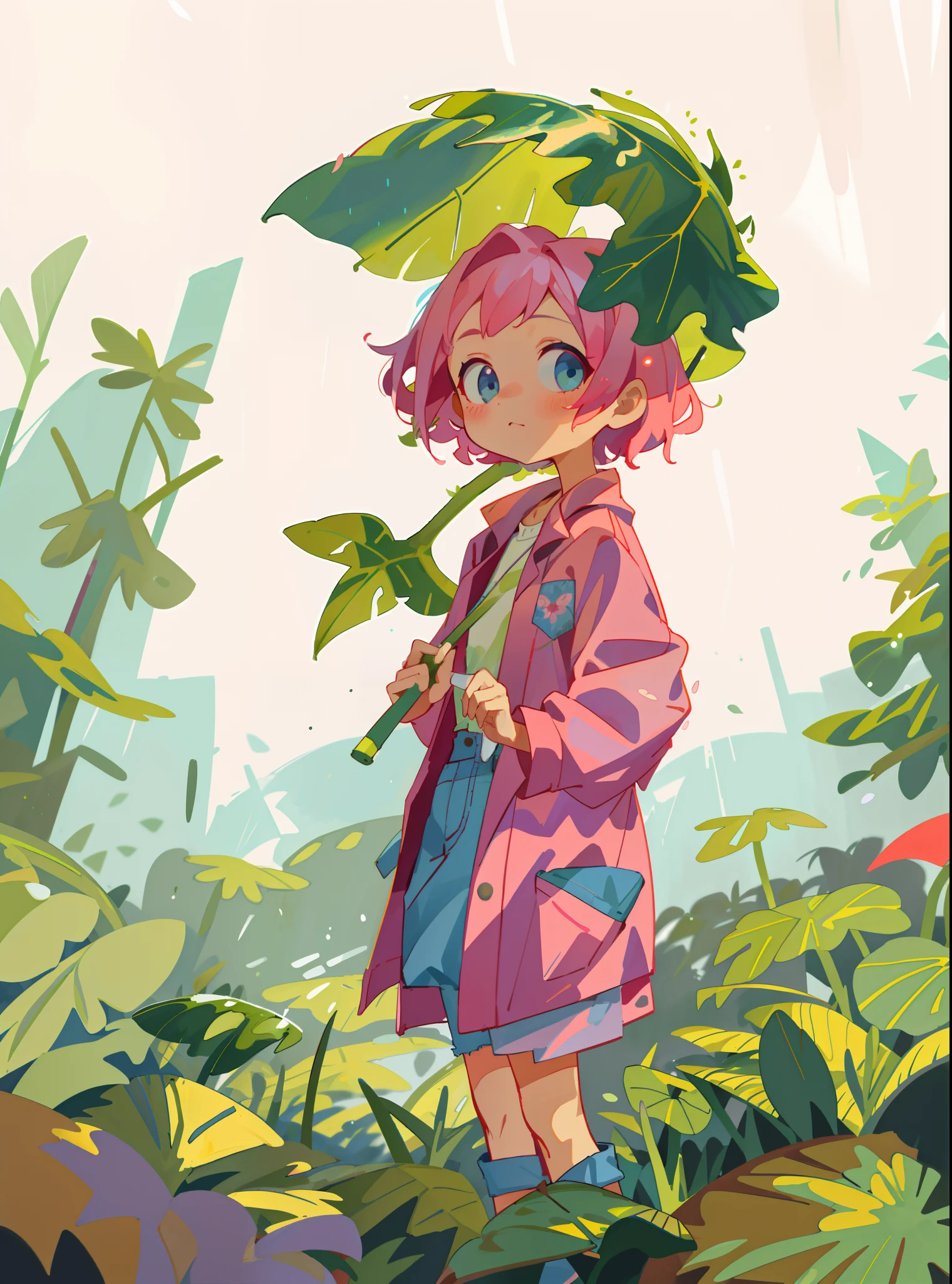 masterpiece, best quality, 1girl,looking at viewer,leaf umbrella,leaf,pink hair,short hair,floral dress, denim jacket,outdoar,rain