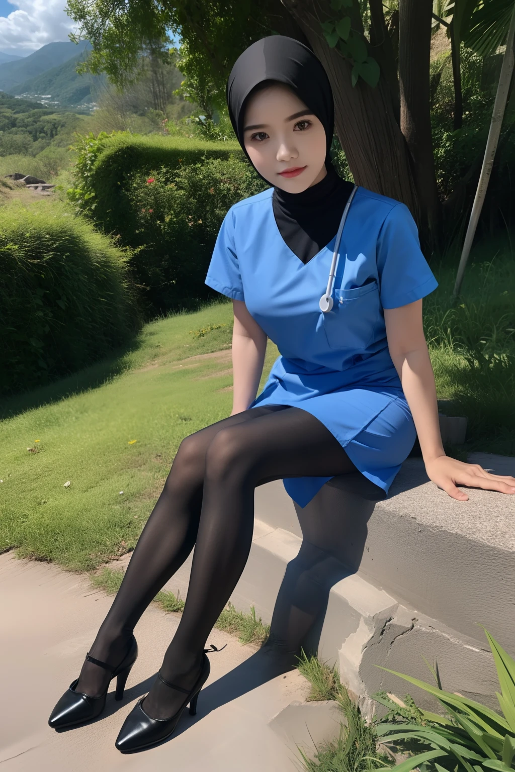 (full body:1.5)，(1girl:1.3),(view the viewer:1.4)，(anatomy correct:1.4),(sitting on the top of mountain:1.2),(Wearing a nurse set:1.2),(Opaque pantyhose:1.3),( girl pointed thick heels :1.1),(Accurate and perfect face:1.3),(Long legs:1.3),hyper HD, Ray traching, reflective light， structurally correct, Award-Awarded, high detail, lighten shade contrast, Face lighting ，cinematic lighting, masterpiece, super detailing, high quality, high detail, best quality, 16k，High contrast,