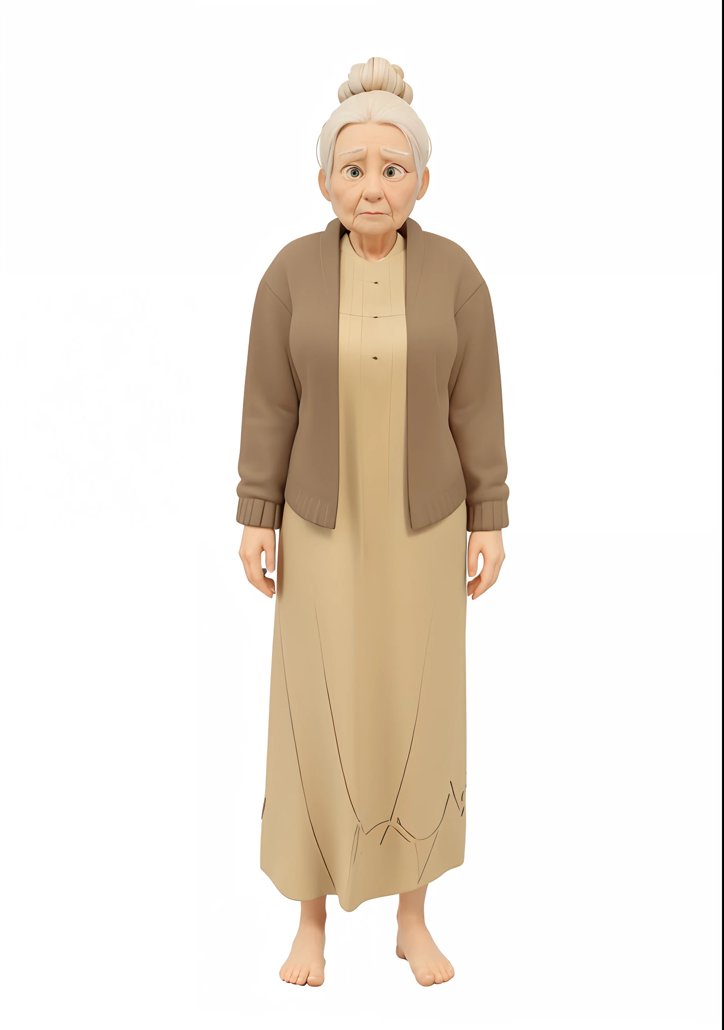 3d rendered, cartoon, An old lady, dark brown Cardigan outer, cream color dress, white hair, hair bun, barefoot, wizened face, worn out clothes,