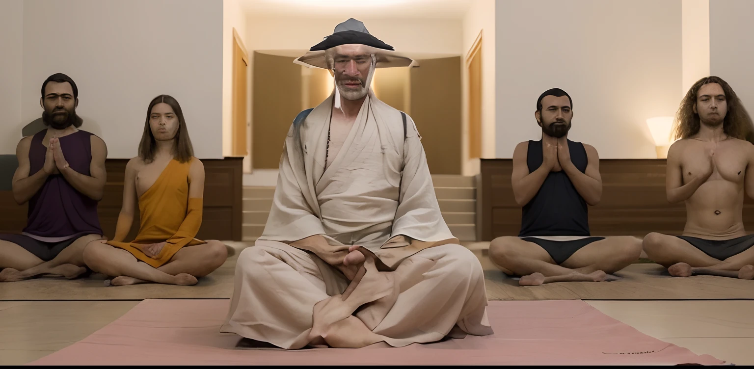 acrescente mais 20 pessoas meditando atras desse homem, sendo homens idosos, mulheres e jovens.