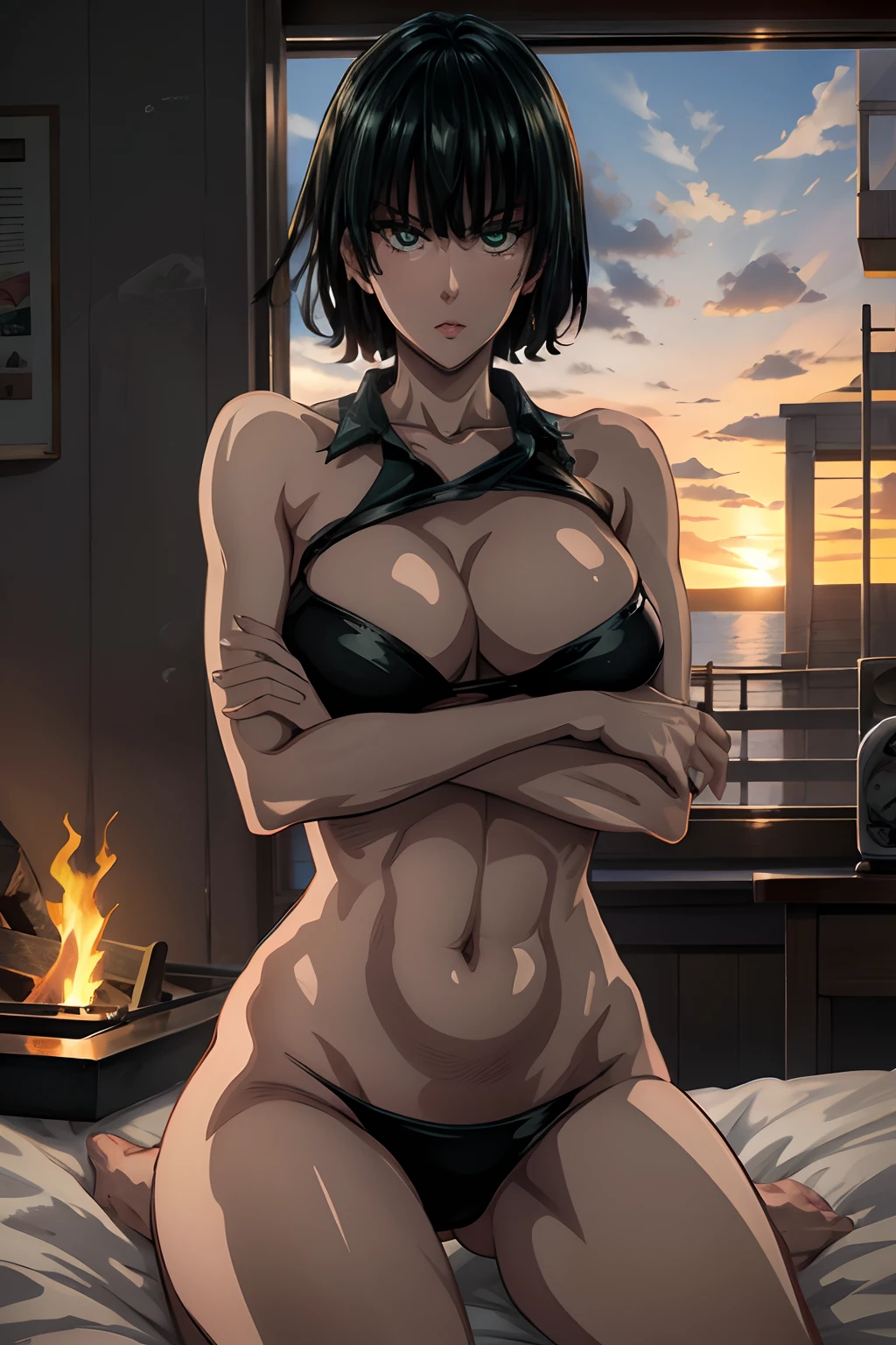 Fubuki desnuda, mirando hacia arriba, mirando al espectador, recostada en suelo, room, fogata de fondo, fogata, completamente desnuda, pose sexy