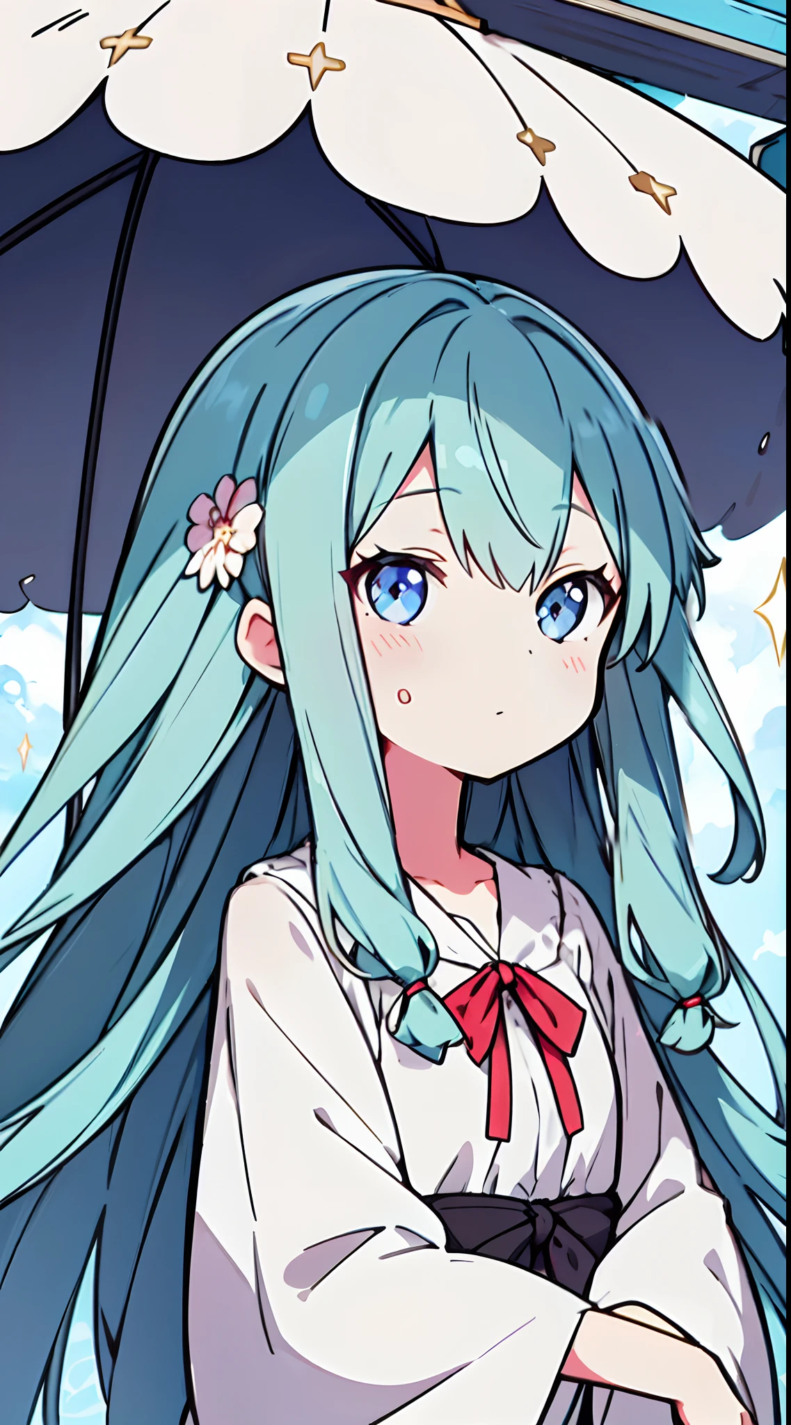 masutepiece, Best Quality,Illustration, Wallpaper, ultra -detail, Absurd beauty, 1beautiful girl、Big eyes with sparkly、Hair fluttering in the wind、:o、Smaller head、miscievous smile、Angle looking up from below、Angle from which you can see the whole body