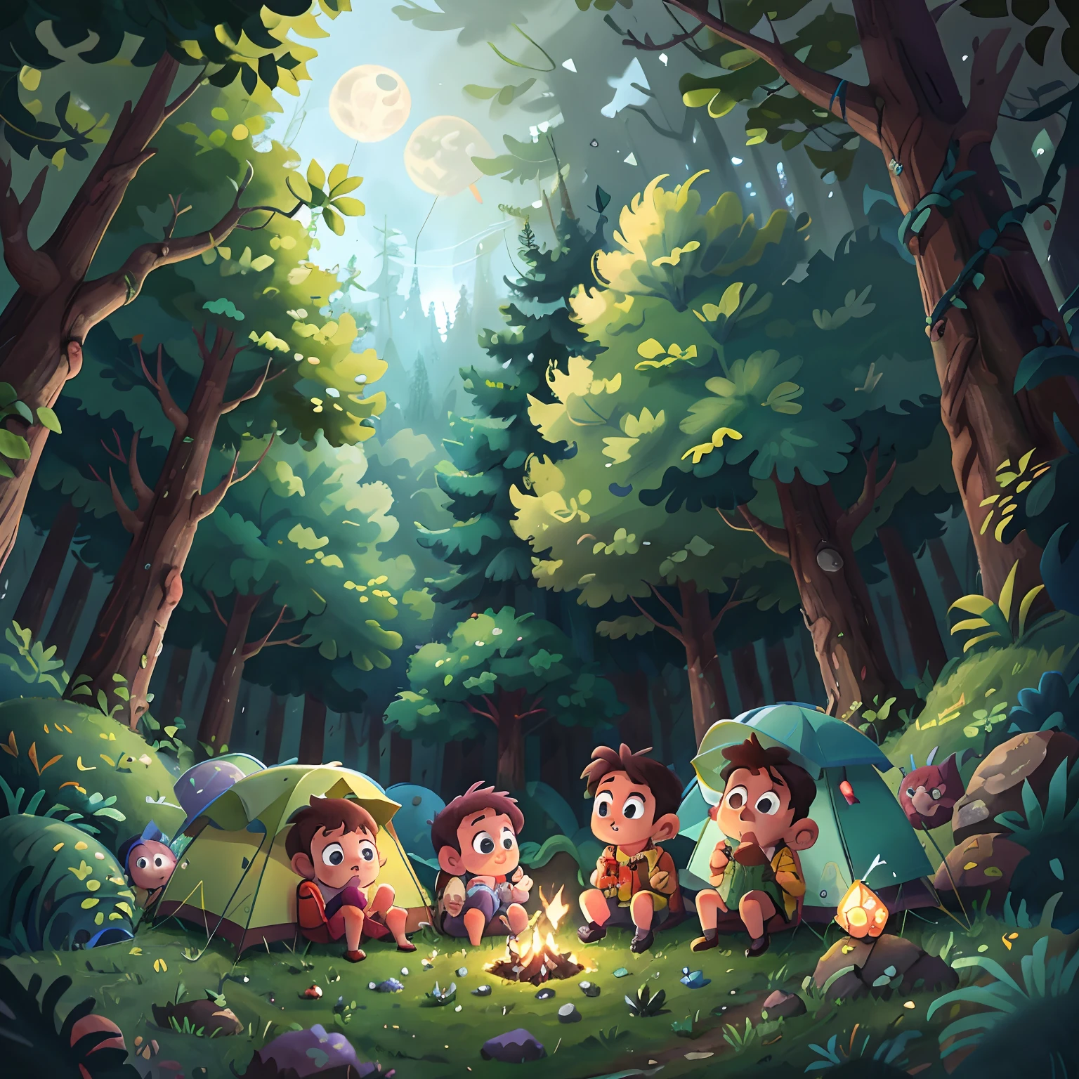 Camping at night in the forest,moon,star,((4 childrens)),tent