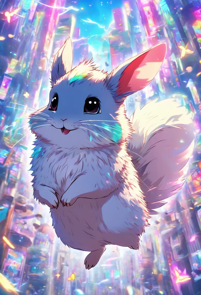 aparece una chinchilla con alas de pegaso, y cuerno de unicornio, pelaje suave, y en su mano una letra a
