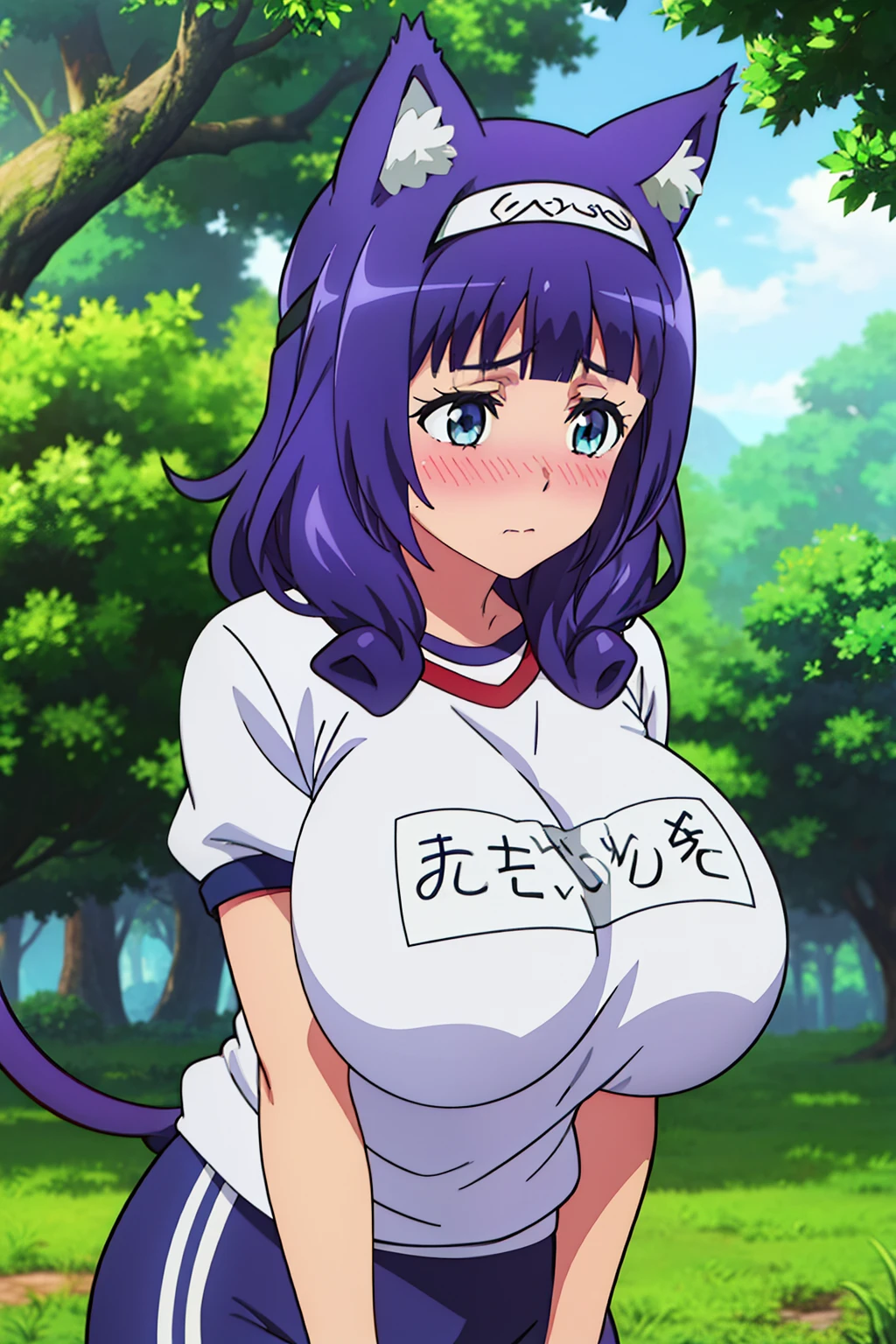 anime cels style, best quality, high resolution, outdoors, big tree,1girl, hitamu_kyan_futokunoguild, purple_hair, bangs, animal_ears, animal_ear_fluff, blunt_bangs, hairband, blue_eyes, long_hair, cat_ears, (huge breasts:1.2), gym uniform, blush, embarrassed