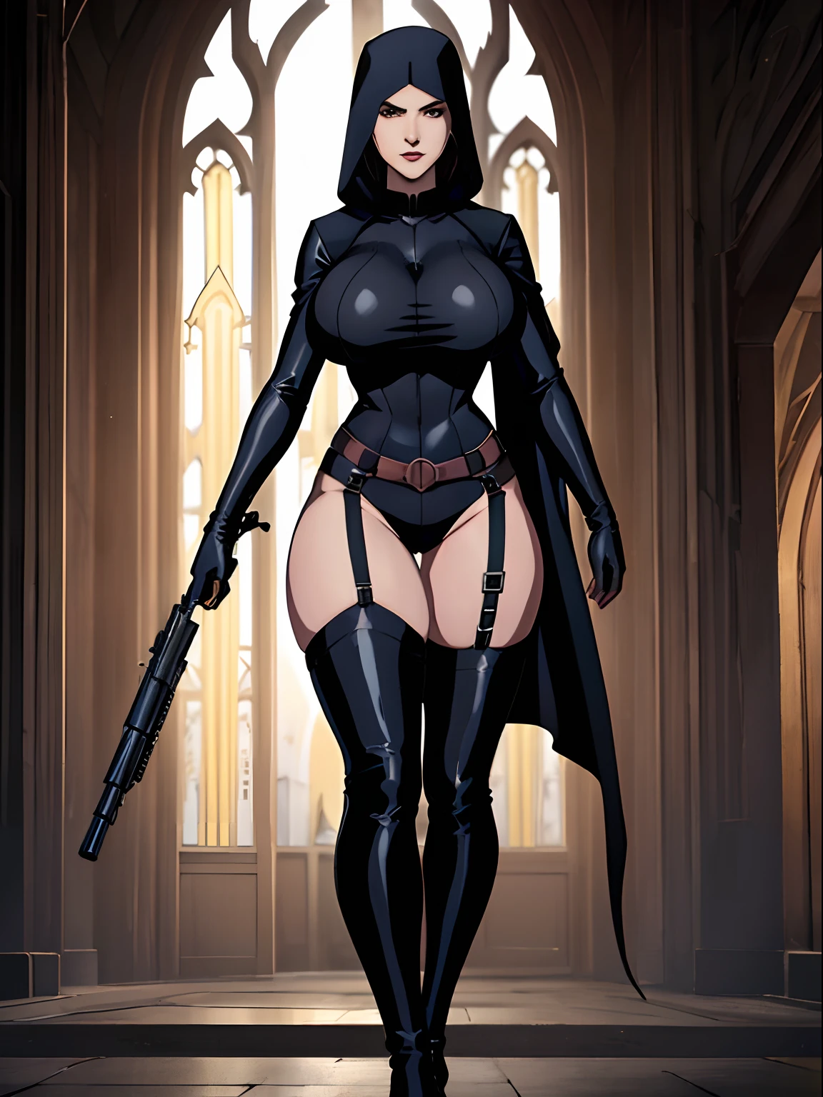 (masterpiece, top quality, best quality, official art, beautiful and aesthetic:1.2), (1girl:1.3), light freckles, fair skin, extremely detailed, portrait, looking at viewer, solo, (full body:0.6), detailed background, close up, (dark gothic theme:1.1), nun with guns, charlatan, smirk, mysterious, swaggering through cathedral, modest attire, black habit, cowl, nun hood, wimple, thigh-high boots, bodysuit, leotard, corset, leather straps, ammunition pouches, long boots, submachineguns, SMGs, MP5s, thigh pouches, holsters, garters, ((((narrow hips, slim sexy body, gigantic breasts)))), slim waist, slim hips, long legs, modern (cathedral exterior:1.1) background, dark mysterious lighting, shadows, magical atmosphere, dutch angle,