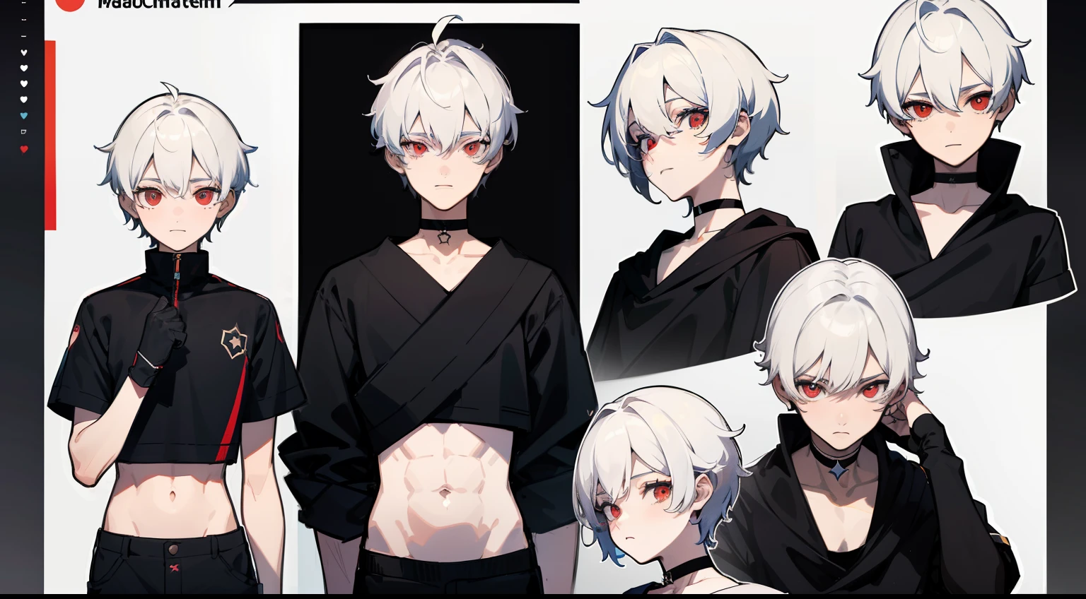 ((Masterpiece, Highest quality)), Detailed face, character sheets, full bodyesbian, Full of details, Multiple poses and expressions, Highly detailed, Depth, Many parts, 1boys,for 6 years old :3, White color hair,Black pick dye, Black crop top, mitts, Stockings, Black choker, Red eyes, Star (symbol), pupils in symbol shapes