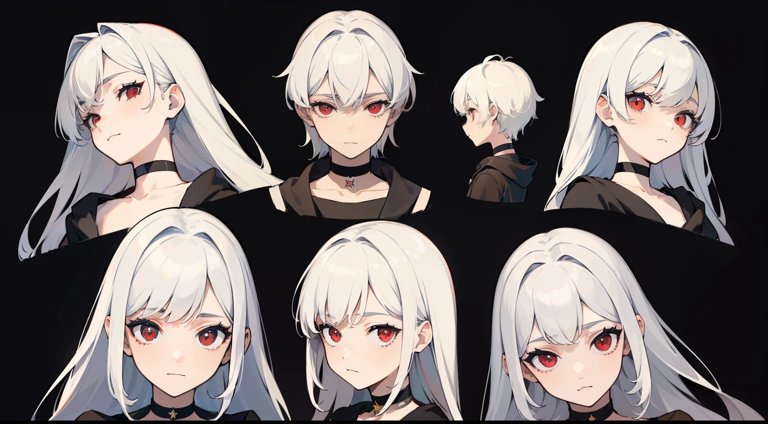 ((Masterpiece, Highest quality)), Detailed face, character sheets, full bodyesbian, Full of details, Multiple poses and expressions, Highly detailed, Depth, Many parts, 1boys,for 6 :3, White color hair,Black pick dye, Black crop top, mitts, Stockings, Black choker, Red eyes, Star (symbol), pupils in symbol shapes