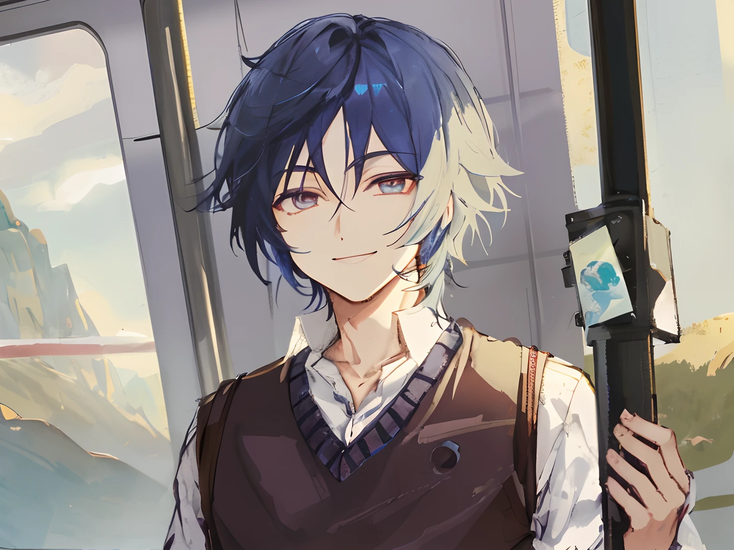 a game character standing and holding the train iron support, smiling and looking away from the viewer, dressed in a buttoned sweater, scaramouche (genshin impact), male focus, 1boy, indigo eyes, dark-indigo hair, shirt, train interior, mountain views, jellyfish haircut, genshin impact fanarts, genshin impact artstyle