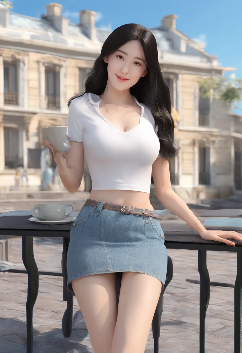 1 girl,(black hair semi-long)(beautiful hair), actress, smile, shiny skin, best quality, masterpiece, (photorealistic:1.4), terrace seating, Europe, France, Paris, denim mini skirt (realistic fabric), white short sleeves (cotton fabric), (no logo), thin fingers, not safe for work, m-shaped legs spread, blushing face, drool, panting, grabbing chest