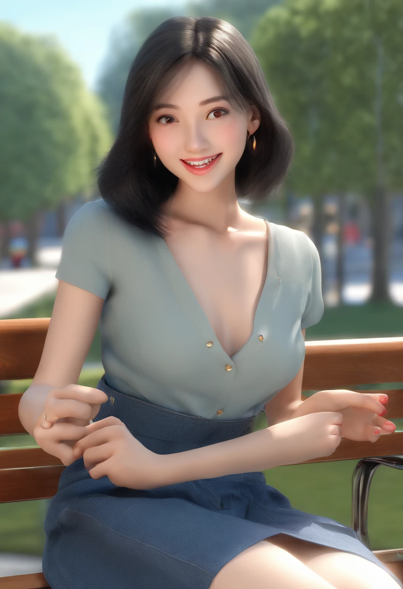 1 girl,(black hair semi-long)(beautiful hair), actress, smile, shiny skin, best quality, masterpiece, (photorealistic:1.4), terrace seating, Europe, France, Paris, denim mini skirt (realistic fabric), white short sleeves (cotton fabric), (no logo), thin fingers, not safe for work, m-shaped legs spread, blushing face, drool, panting, grabbing chest
