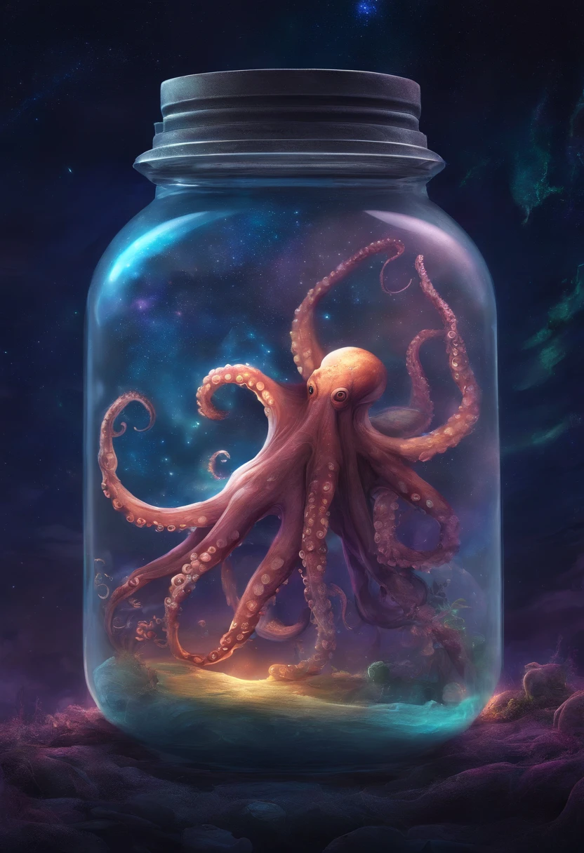 milky way environment, capricious, A small octopus in a magical dream jar, 8K, Vivid, Super Detalis | | | | | | |, colored lighting, Surreal photography, sportrait