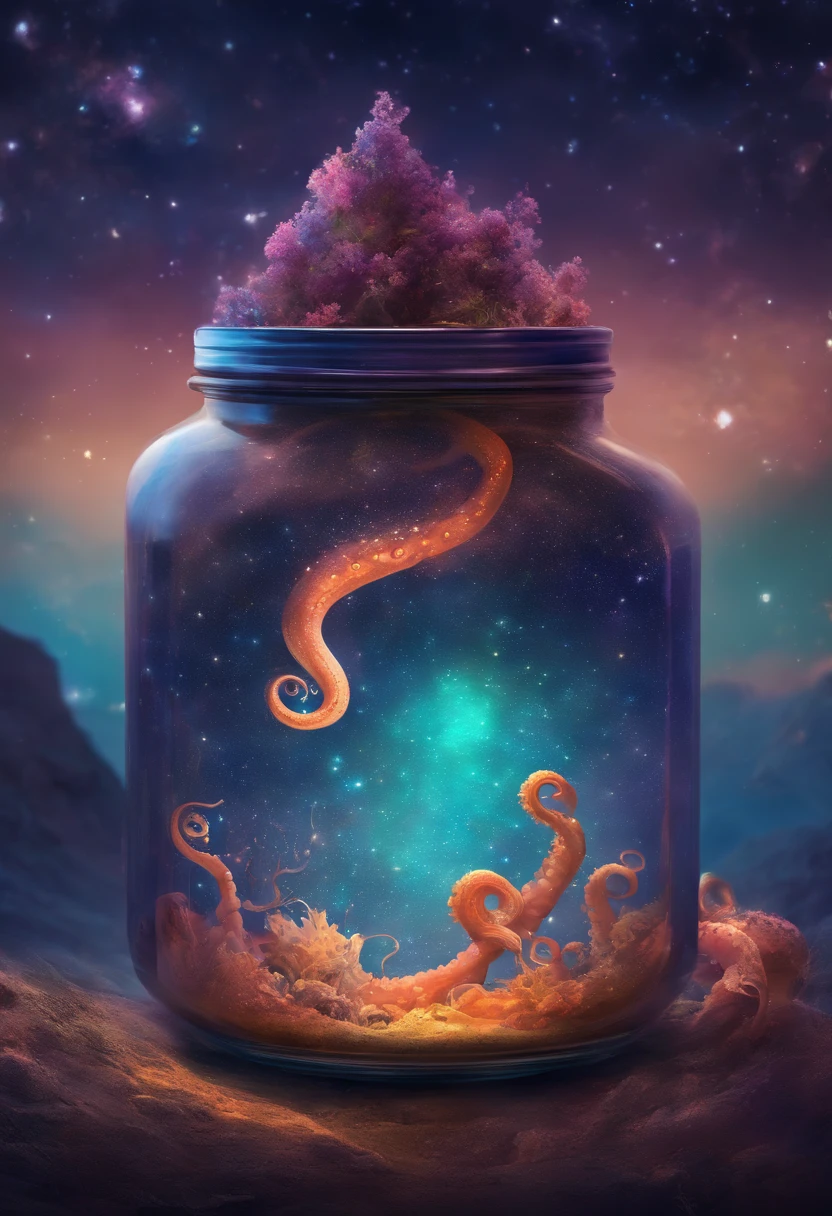 milky way environment, capricious, A small octopus in a magical dream jar, 8K, Vivid, Super Detalis | | | | | | |, colored lighting, Surreal photography, sportrait
