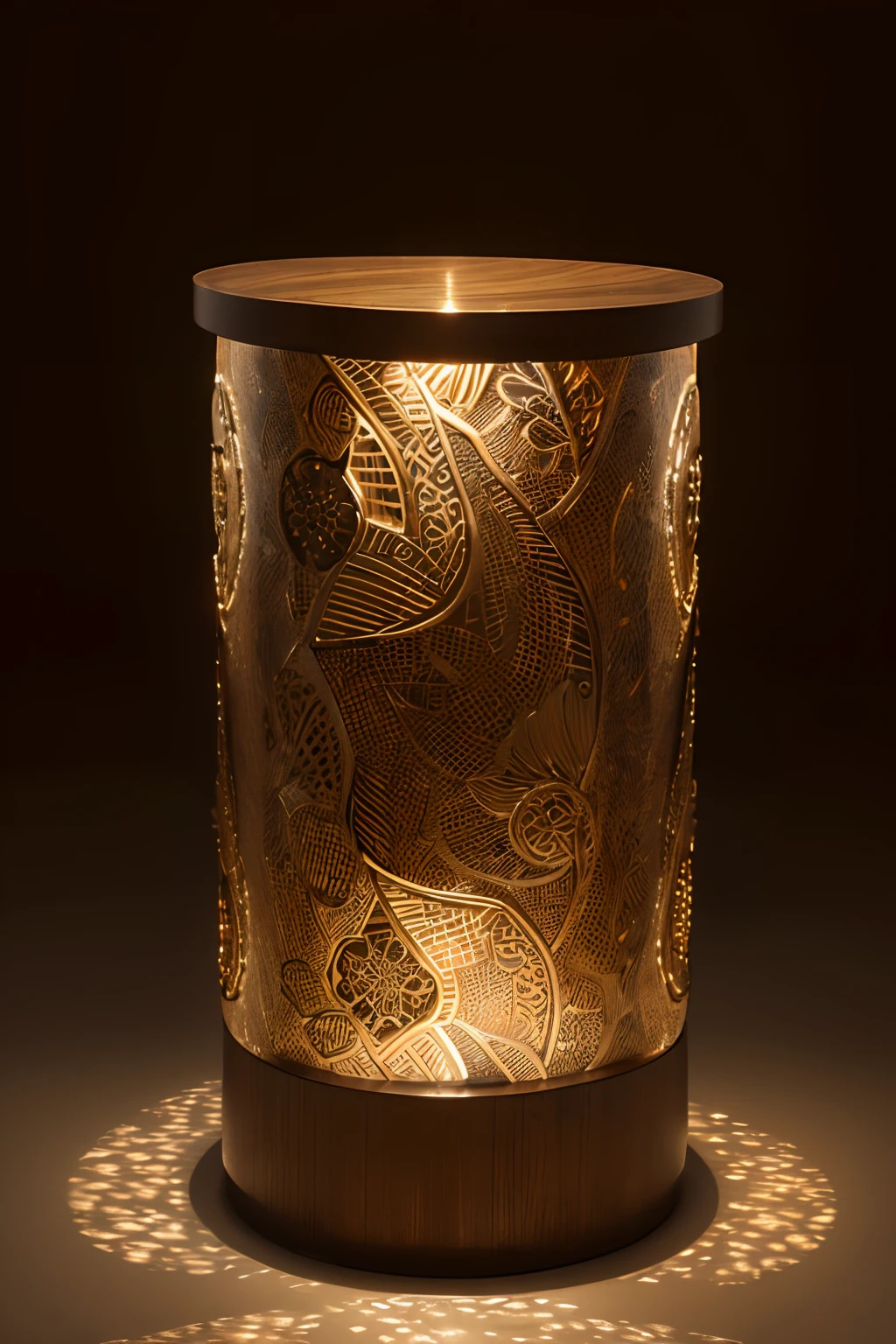 (best quality,4k,8k,highres,masterpiece:1.2),bronze chest, intricate animal patterns, bronze material, glowing night light, animal patterns, glowing, product design, cylindrical shape, bottom with bronze animal hooves, three support legs, LED lighting fixture, animal pattern design, bronze