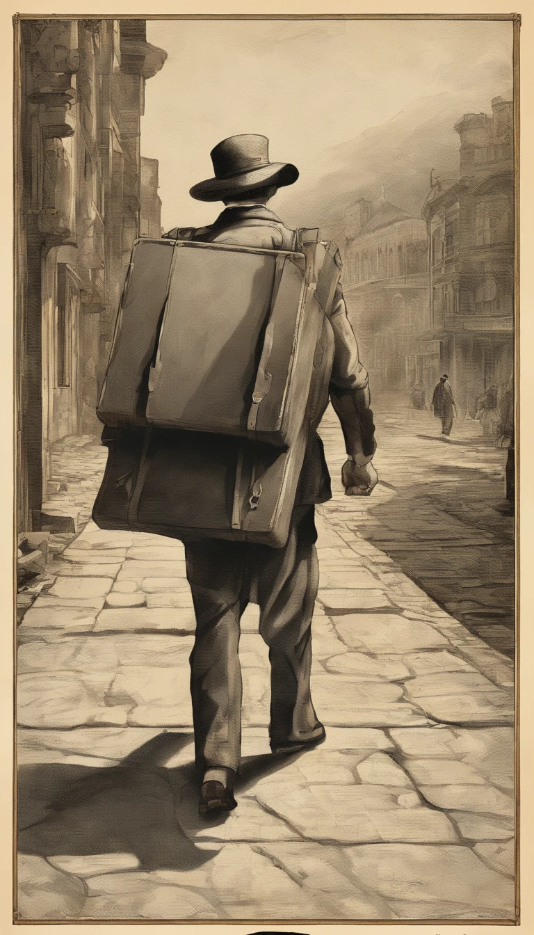 The male student carrying a large drawing board walked forward,Back Shadow,Lazily tugging at a large suitcase,Winters,A hat on his head,In the distance is a tall school,Pubic area is clear,Strong sense of painting,photorealestic,Photo texture