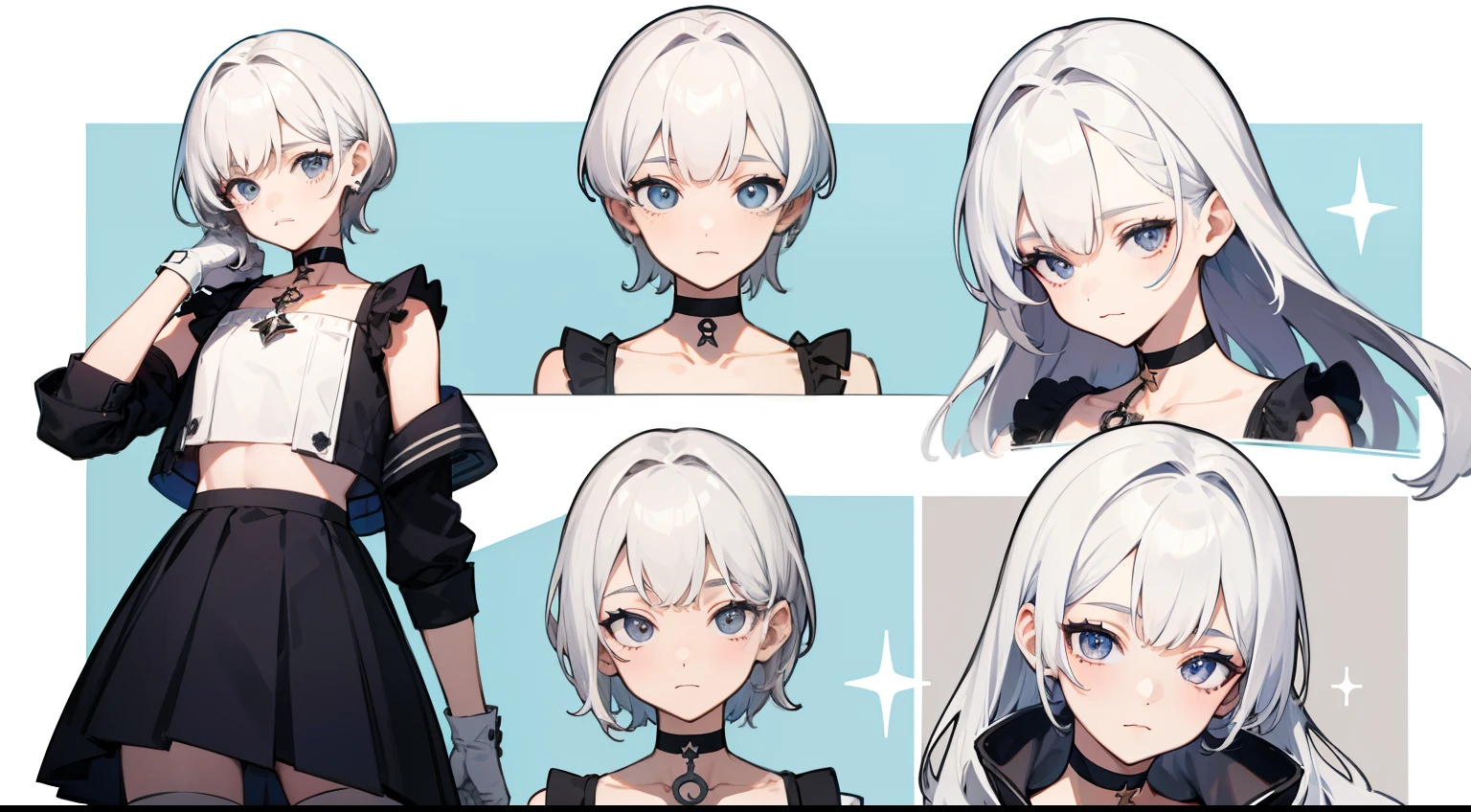 ((Masterpiece, Highest quality)), Detailed face, character sheets, full bodyesbian, Full of details, Multiple poses and expressions, Highly detailed, Depth, Many parts, 1boys,for 6 years old :3, White color hair,Black pick dye, White crop top with loose sheer top, mitts, Stockings, Black choker, Gray eyes, Star (symbol), pupils in symbol shapes