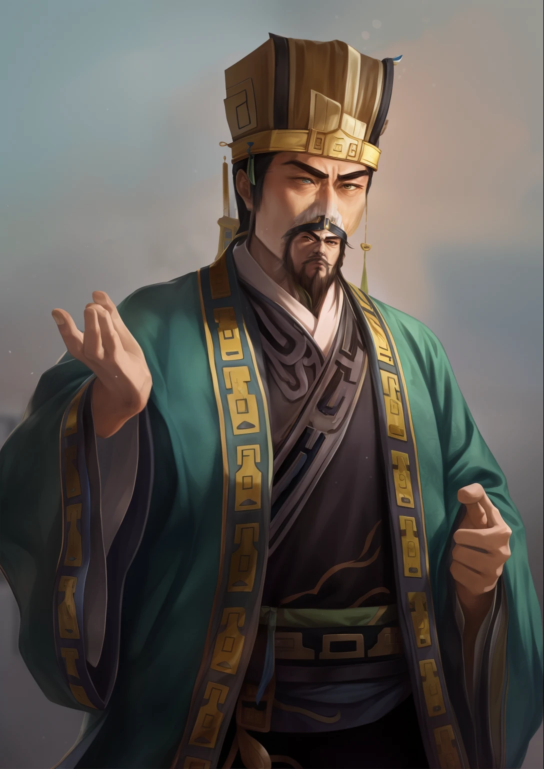 One of them was wearing a green robe。，The man in the crown stretched out his hands, inspired by Xuande Emperor, inspired by Dong Yuan, Inspired by Cao Zhibai, inspired by Wu Bin, Inspired by Hu Zaobin, inspired by Huang Ding, Inspired by Li Tang, inspired by Li Kan, inspired by Zhang Lu, zhao yun, inspired by Zhang Sengyao