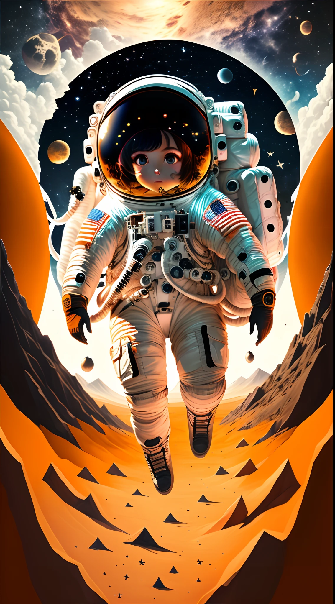 Astronaut girl, Astronaut helmet, In space, The surface of Mars,Huge peaks, stars, Upper body, top to bottom, 1girll, Solo, Floating in space, astronaut suits, Big orange eyes, Black hair, Earthscape, Detailed background, beautiful space, Colorful,