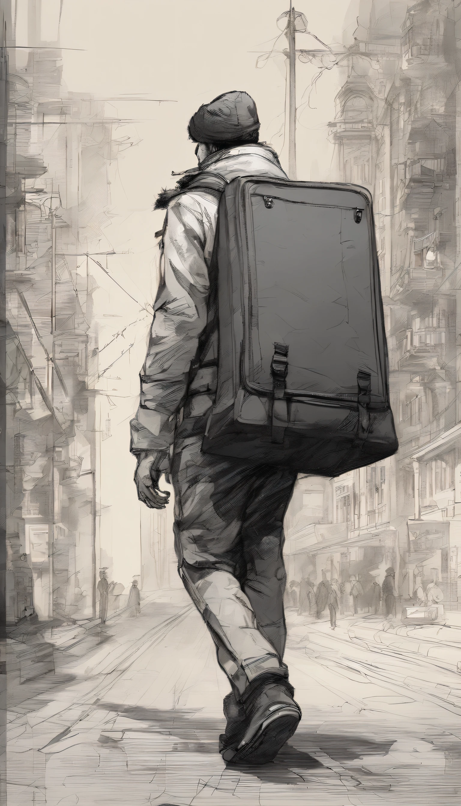 The male student carrying a large painting bag walked forward,Back Shadow,Lazily tugging at the suitcase in his hand,Winters,A hat on his head,In the distance is a tall school,Pubic area is clear,Strong sense of painting,,,