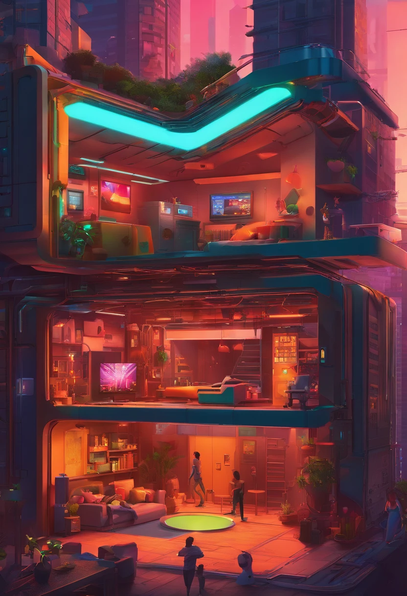 vector design of a smart home cross-section: From the basement to the rooftop, various wireless charging stations are evident. The living area has IT gadgets on Qi and Ki charging tables, the garage has an autonomous car on a resonant pad, and the garden features RF-charged drones. AI robots and smart devices seamlessly integrate into daily life.