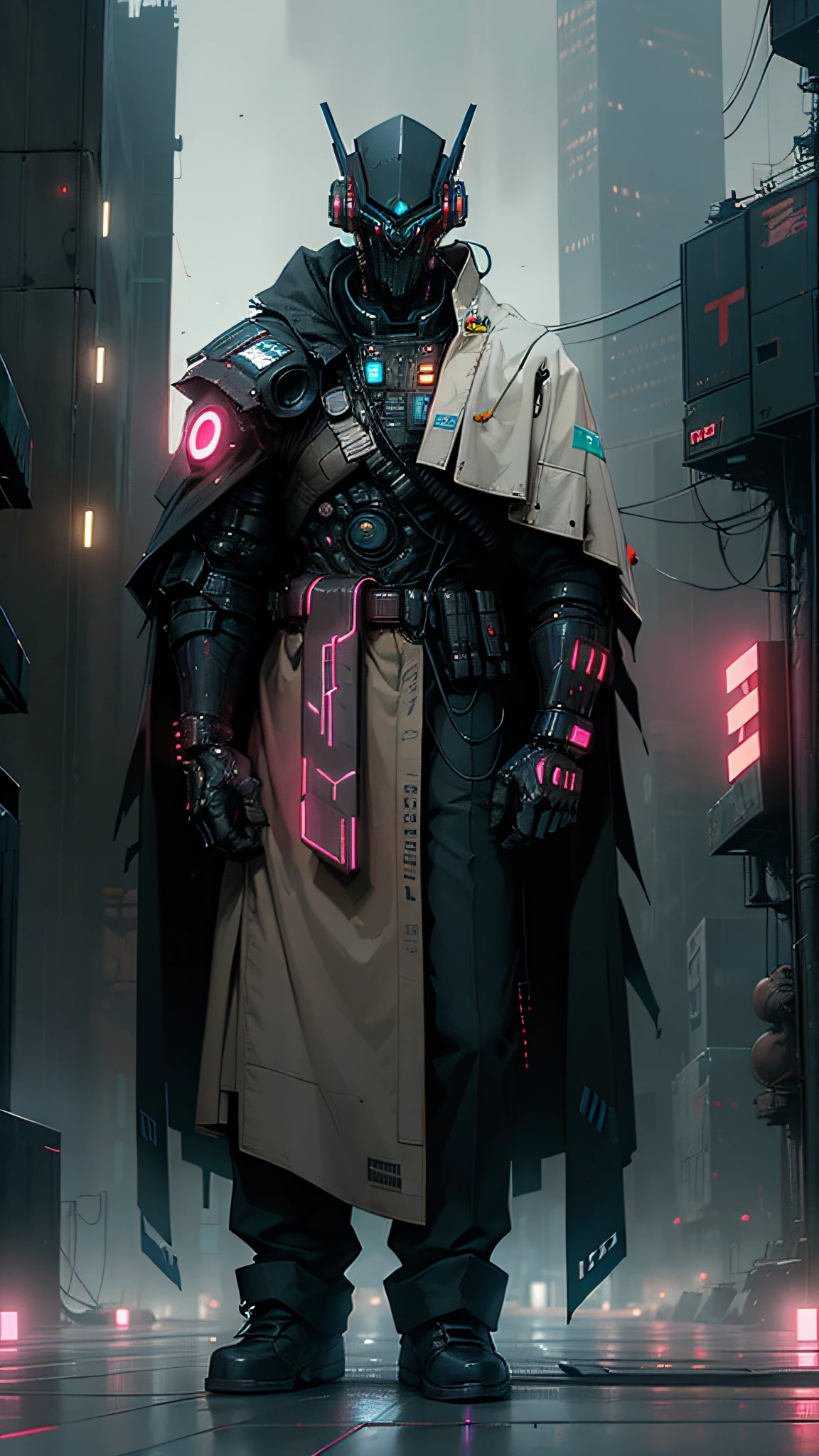 robort derpd ranger  working for scifi mega corporation, elite corporate enforcer patrolling the streets, wearing detailed multi color robes cape, corporate offices,cyberpunk scene, busy street, neon lights,