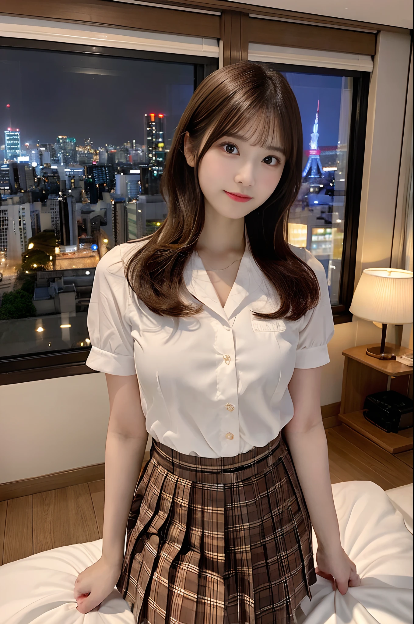 (highest quality, 8k, masterpiece ), A 12-year-old junior high school student with a young face、Short Hair, bangs、The bra is visible,Black Hair、My shirt is about to burst、、bangs:0.6,Glamour thighs:1.1、A very tight, see-through button-down shirt、Navy Pleated Mini Skirt, Highly detailed face, double eyelid, Strong natural light、Round face:1.2、whole body、Plump thighs:1.1、loafers、round face:1.3、Side Angle,Diagonal horizontal angle:1.2