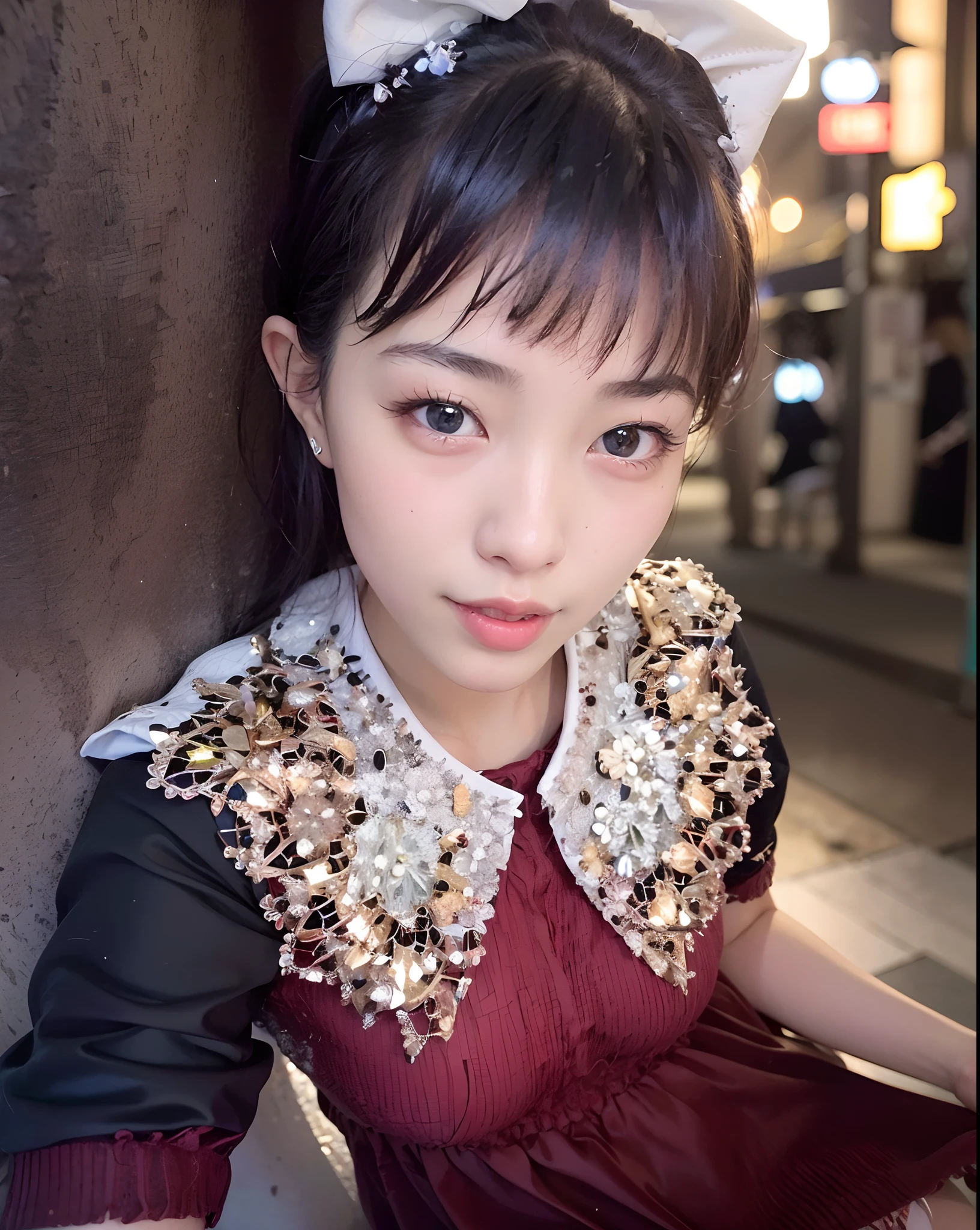 1girl, Tokyo street,night, cityscape,city lights,upper body,close-up,smile,, (8k, RAW photo, best quality, masterpiece:1.2),(realistic, photo-realistic:1.37),