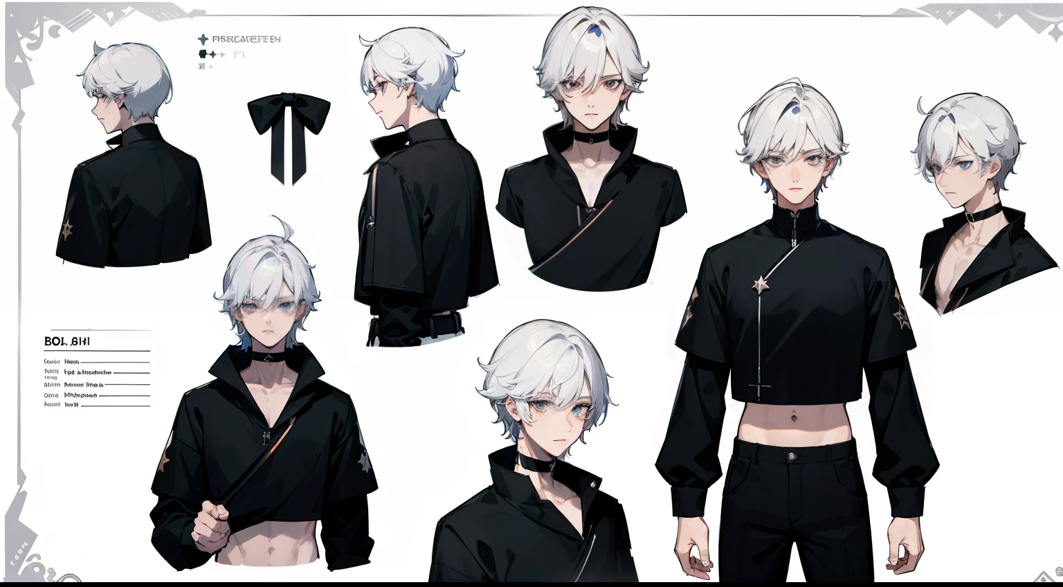 ((Masterpiece, Highest quality)), Detailed face, character sheets, full bodyesbian, Full of details, Multiple poses and expressions, Highly detailed, Depth, Many parts, 1boys,for 6 :3, White color hair,Black pick dye, Black crop top, mitts, Stockings, Black choker, Gray eyes, Star (symbol), pupils in symbol shapes