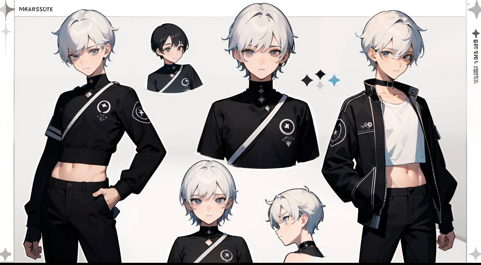 ((Masterpiece, Highest quality)), Detailed face, character sheets, full bodyesbian, Full of details, Multiple poses and expressions, Highly detailed, Depth, Many parts, 1boys,for 6 :3, White color hair,Black pick dye, Black crop top, mitts, Stockings, Black choker, Gray eyes, Star (symbol), pupils in symbol shapes
