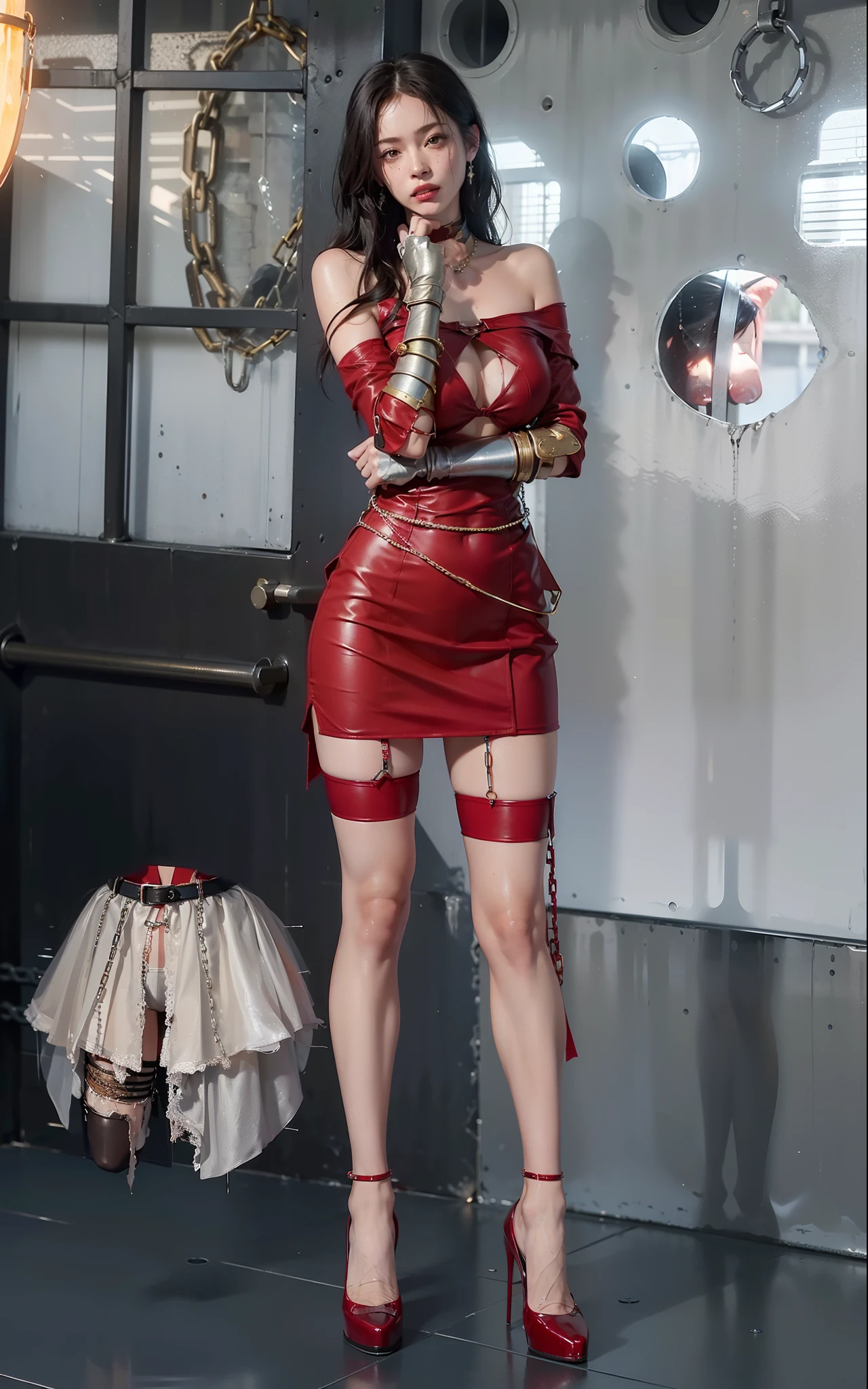 ,((Wearing a torn sheer costume of a superheroine)),(, No bra)), Wet crotch, Wet thighs, Beautiful girl with accentuated slender abs: 1.4, (((nipple tips protruding, areola is protruding, The shape of the pubic region is clearly visible)), sixpack abs: 1.4, Bust Botox, Photo, Sharpness, Unique 850 4, Koda850 k portrait camera, F1.6 shots, Ultra-realistic textures, Spectacular light textures, Cinestil 800 Fashion Mechanics, (futuristic sci-fi battle fashion: 1.1), (tied perfectly by chain), Restraint, Slaves, collars, ((wide prison with sunlight)), Dark fantasy, Realistic material details, extreme hight detail, Ultra-realistic materials ((Torn costume))), Wet, Cloudy, (Chained)), ((big emphasized by chains)), ((chains digging into crotch)), ( (Collar)), (, No bra), shredded costumes, broken golden shields and battle spears,, White combat gloves, Combat shoulder armor, Blood splattered on the face, Blood splattered, Realistic, (Bruises, Dirty, ripped clothing, skimpy clothing, Blood: 1.3), Torn Cape, Torn pantyhose, Long legs, ((iron pipe in the crotch)), Metallic shackles and fetters, ((chains hung from heaven)), Wet crotch is clearly visible, Swarovski's sword and the anatomy beneath his feet, (futuristic sci-fi battle fashion, Torn mesh stockings),