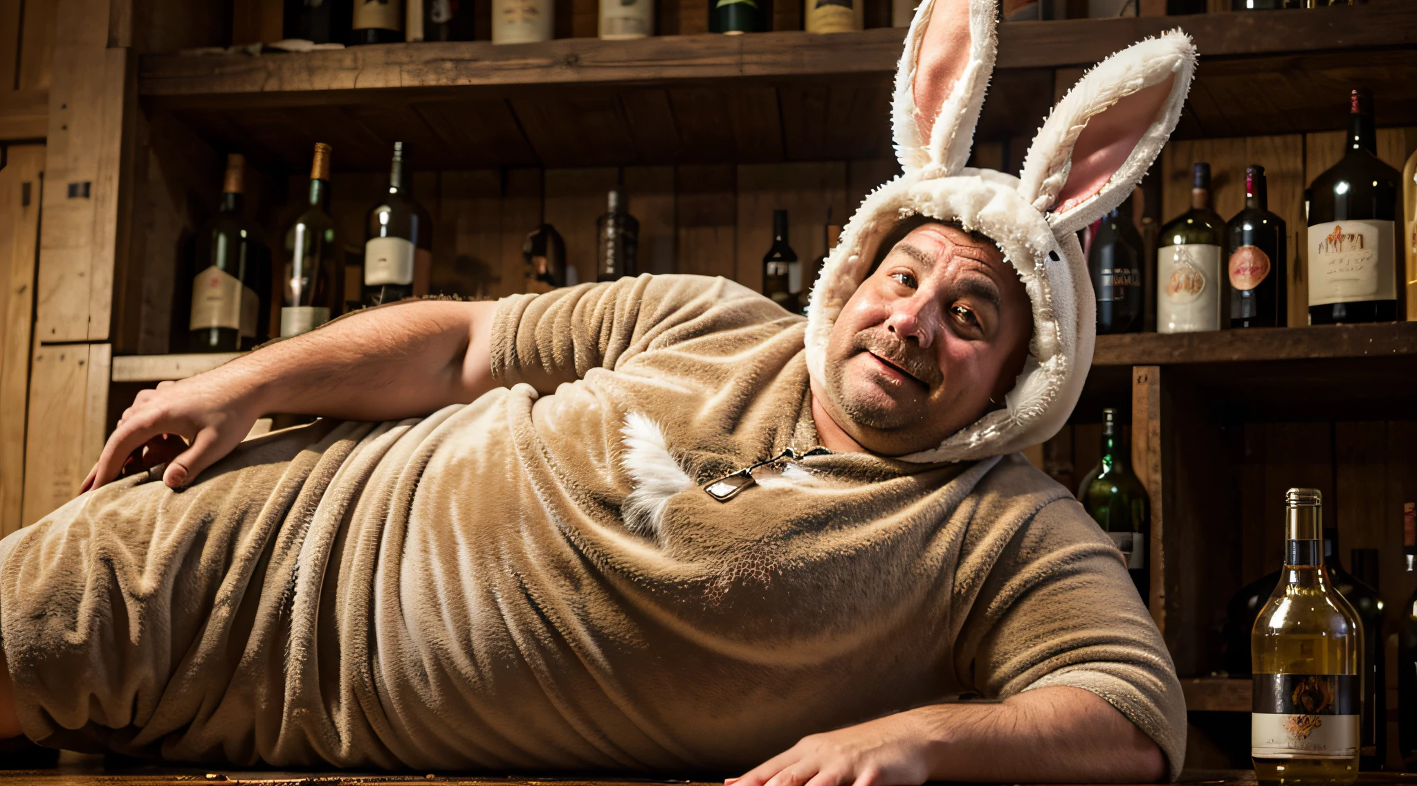 Fat drunk alcoholic middle aged man in a dirty ugly furry rabbit costume unattractive funny