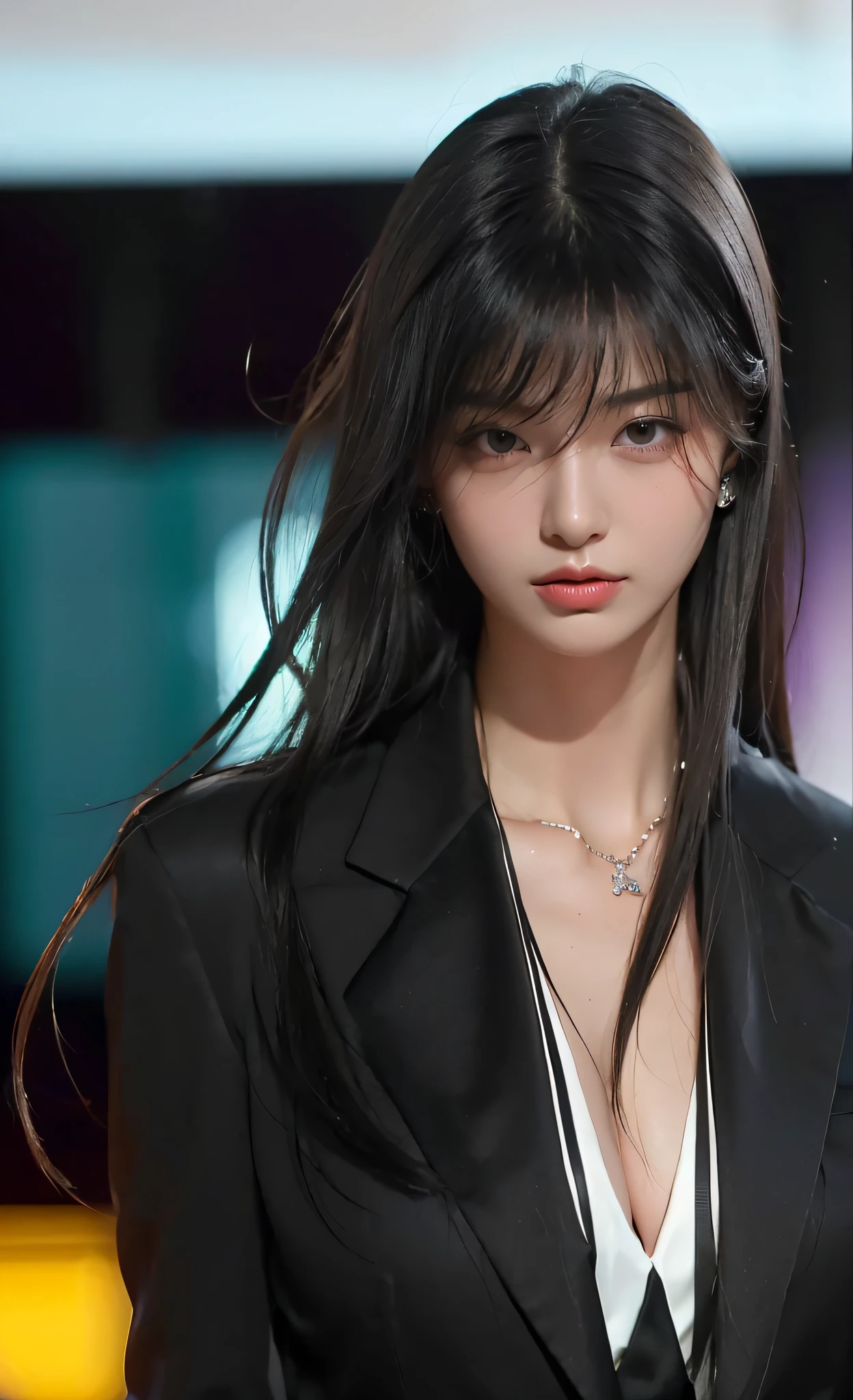 ((expressionless)), highest quality, masterpiece, 1girl in, beautiful countenance, (photorealistic:1.3), Rim Lighting, (High Detail Skins:1.2), 8k UHD, DSLR, high quality, high resolusion, 4k, 8k, Bokeh DOF, absurd, (realistic:1. 3), Pretty 1girl, ((((black formal blazer))), Medium breasts, slim figure、A great cleavage、Slim girl model、24 year old female model、toned body.
