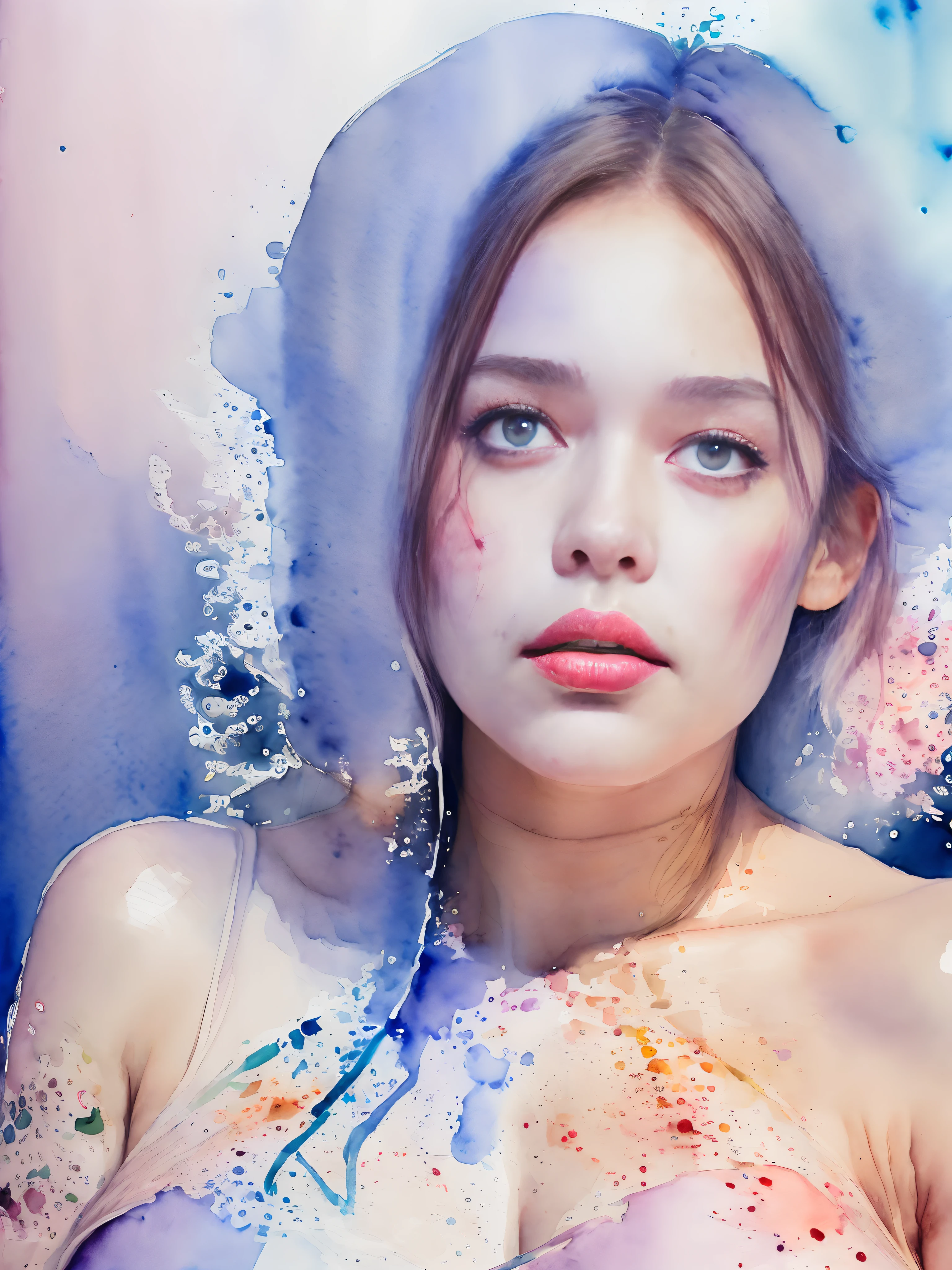 (watercolor paiting:1.8),Young Sensual Gravure Idol、beautiful girls face、Young cute gravure idol、奈良美智、Young Gravure Idol、If々Japan Girl、Close up of Rain Iwakura、Pull Shorthair、Photos taken with Sony A7R,undergarment:1.3,(huge-breasted:1.2),((Top image quality、8K、masuter piece、:1.3))、Super fine face、Ultra Fine Lips、Fine Eye、二重まぶた、(Hands raised)、(A sexy:1.2)、full body Esbian、Super fine face、Ultra-fine lips、Breakdown、二重まぶた:1.2,(Photorealsitic、Raw photography、top-quality:1.4)、Al Eyes、beautidful eyes、(real looking skin)、Beautiful skin、The ultra -The high-definition、the golden ratio、(1 girl in)、