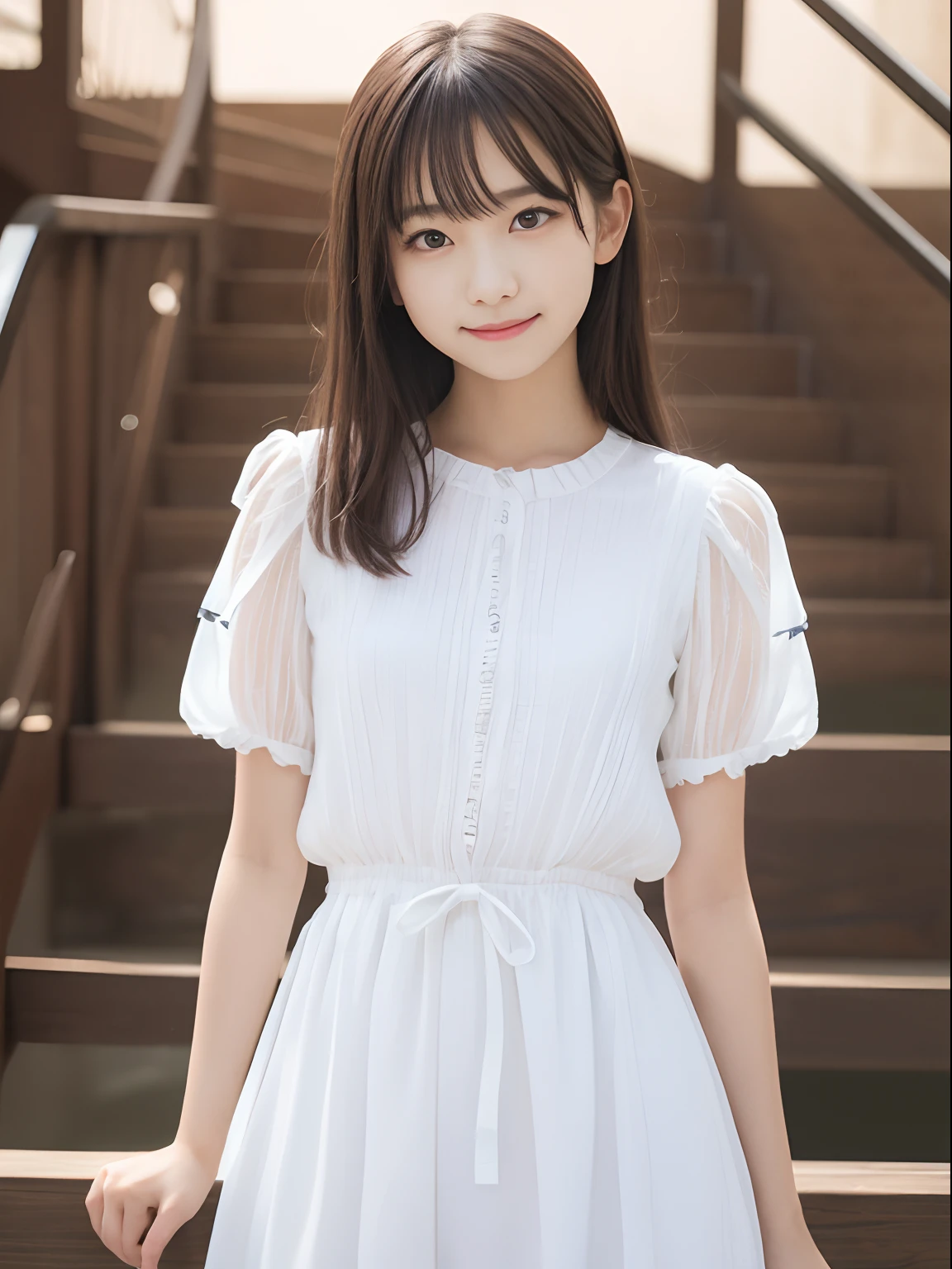 table top, highest quality, 8K, , Ten generations, RAW photo, absurd, award winning portrait, smile, alone, idol face, Biolace, delicate girl, (whole body), Digital single-lens reflex camera, looking at the viewer, Frank, Sophisticated,thin arms, professional lighting, film grain, chromatic aberration, (Eye and face details:1.0), (Bokeh:1.1) , (White short sleeve dress with ruffles:1.1) , close your mouth,transparent clothing,underwear,highly exposed
