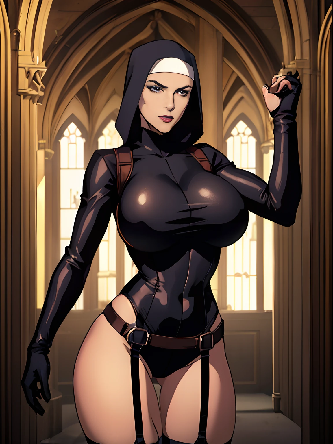 (masterpiece, top quality, best quality, official art, beautiful and aesthetic:1.2), (1girl:1.3), light freckles, fair skin, extremely detailed, portrait, looking at viewer, solo, (full body:0.6), detailed background, close up, (dark gothic theme:1.1), nun with guns, charlatan, smirk, mysterious, swaggering through cathedral, modest attire, black habit, cowl, nun hood, wimple, thigh-high boots, bodysuit, leotard, corset, leather straps, ammunition pouches, long boots, submachineguns, SMGs, MP5s, thigh pouches, holsters, garters, ((((narrow hips, slim sexy body, gigantic breasts)))), slim waist, slim hips, long legs, modern (cathedral exterior:1.1) background, dark mysterious lighting, shadows, magical atmosphere, dutch angle,