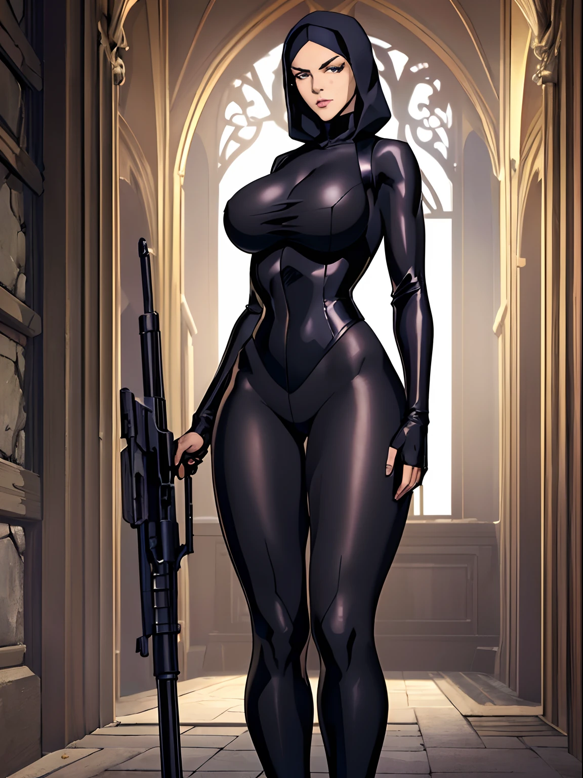 (masterpiece, top quality, best quality, official art, beautiful and aesthetic:1.2), (1girl:1.3), light freckles, fair skin, extremely detailed, portrait, looking at viewer, solo, (full body:0.6), detailed background, close up, (dark gothic theme:1.1), nun with guns, charlatan, smirk, mysterious, swaggering through cathedral, modest attire, black habit, cowl, nun hood, wimple, thigh-high boots, bodysuit, leotard, corset, leather straps, ammunition pouches, long boots, submachineguns, SMGs, MP5s, thigh pouches, holsters, garters, ((((narrow hips, slim sexy body, gigantic breasts)))), slim waist, slim hips, long legs, modern (cathedral exterior:1.1) background, dark mysterious lighting, shadows, magical atmosphere, dutch angle,