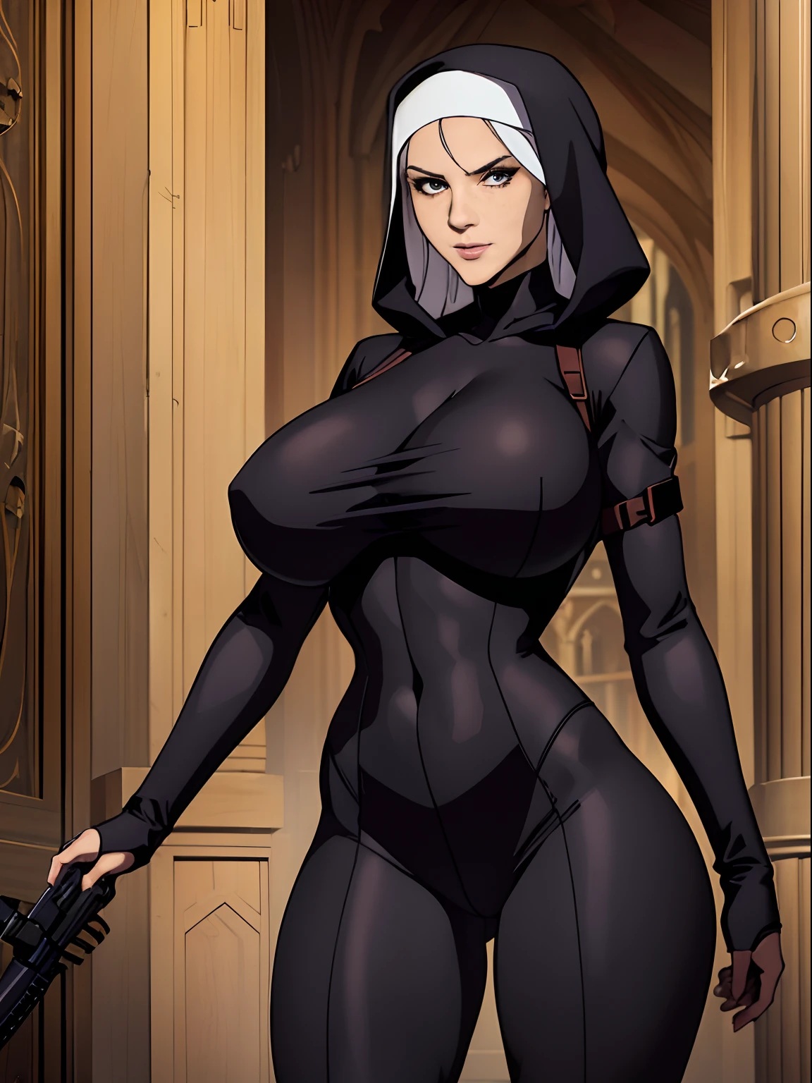 (masterpiece, top quality, best quality, official art, beautiful and aesthetic:1.2), (1girl:1.3), light freckles, fair skin, extremely detailed, portrait, looking at viewer, solo, (full body:0.6), detailed background, close up, (dark gothic theme:1.1), nun with guns, charlatan, smirk, mysterious, swaggering through cathedral, modest attire, black habit, cowl, nun hood, wimple, thigh-high boots, bodysuit, leotard, corset, leather straps, ammunition pouches, long boots, submachineguns, SMGs, MP5s, thigh pouches, holsters, garters, ((((narrow hips, slim sexy body, gigantic breasts)))), slim waist, slim hips, long legs, modern (cathedral exterior:1.1) background, dark mysterious lighting, shadows, magical atmosphere, dutch angle,