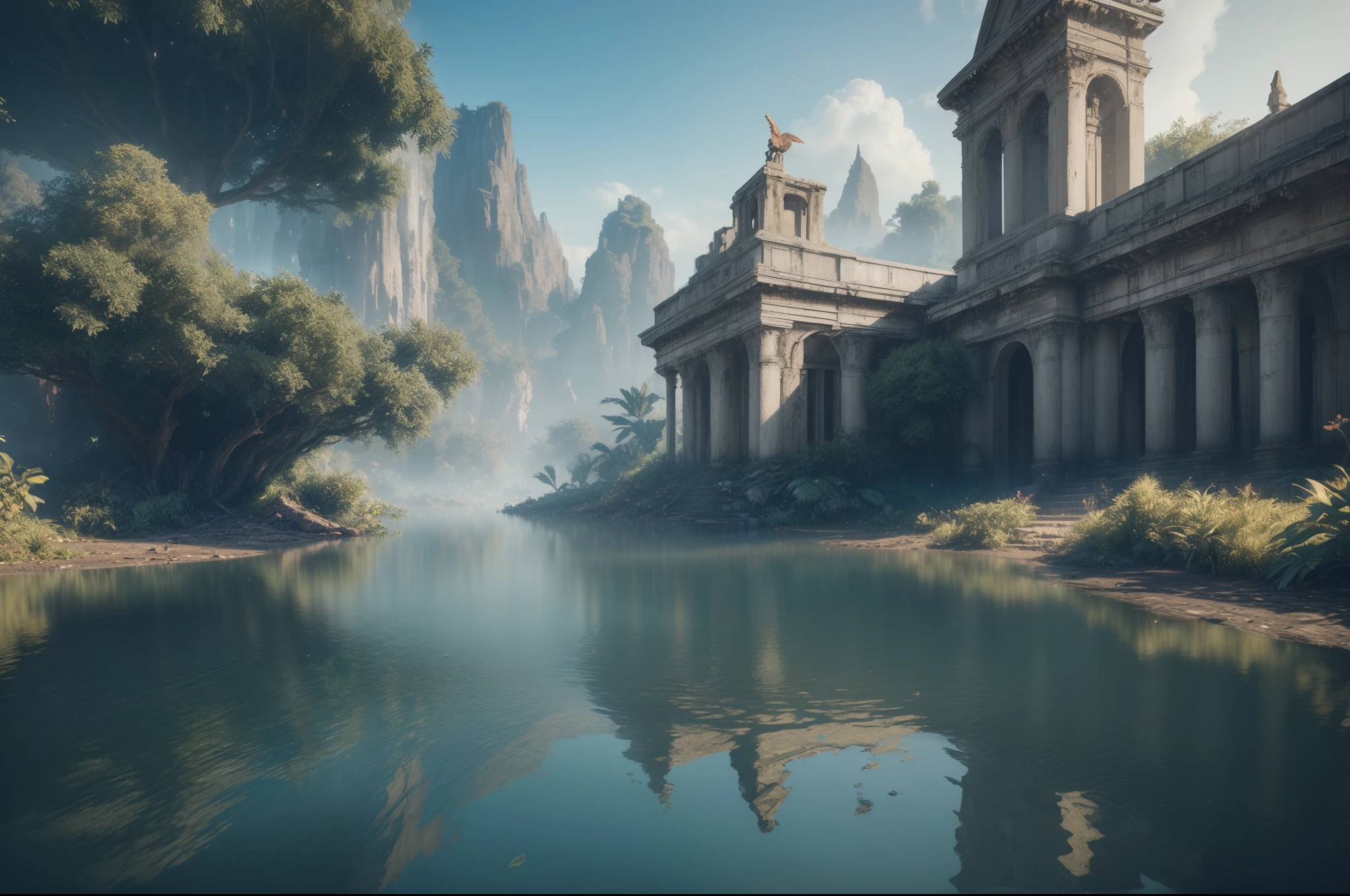(8k, raw photo, best quality, masterpiece:1.2), (realistic, photo-realistic:1.37), octane render, ultra high res, ultra-detailed , professional lighting, photon mapping, radiosity, physically-based rendering, ue5, ((island sanctuary)), ((ancient fallen kingdom)), ((reflections in water)), ((raytracing)), ((drowned city))