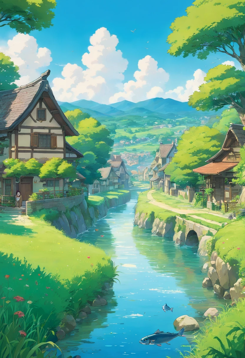 Landscape scenery of a grass field with a river with fish in it, blue sky, village area, anime