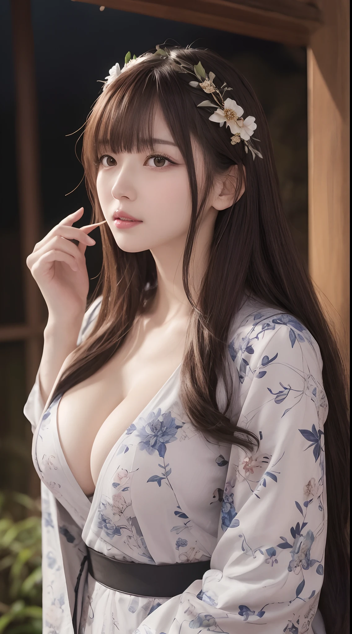 masutepiece、Best Quality、 ultra-detailliert、hight resolution、8K Wallpapers、Perfect dynamic composition,、Beautiful detailed eyes、(Beautiful Large Breasts:1.4)、24-year-old beauty、、top-quality、Brown hair、Pattsun bangs、Longhaire、Uptail、Grow hair in bunches from the back of the head、Floral ornament on the head、a small face、heavy eye makeup、eyeshadows、Cool Beauty、Komono、Kimono、Blue kimono with floral pattern,,,,,,,,,,,,,,,,,,,,,,,,,,,,,,,,,,,,,、,,,,,,,,,,,,,,,,,,,,,,,,,,,,,,,,,,,,,,,,,,,,,、A slender、slender、big breasts thin waist、Holding a Japan sword、Japan holding a sword、holding swords、Samurai、Smiles、Keep your mouth shut、back turned、Castle town at night、Moon Night、natta、Transcendental tranquility、Hair fluttering in the wind、Super detailed illustration、Raw photography、film grains、Deviantart Trends、