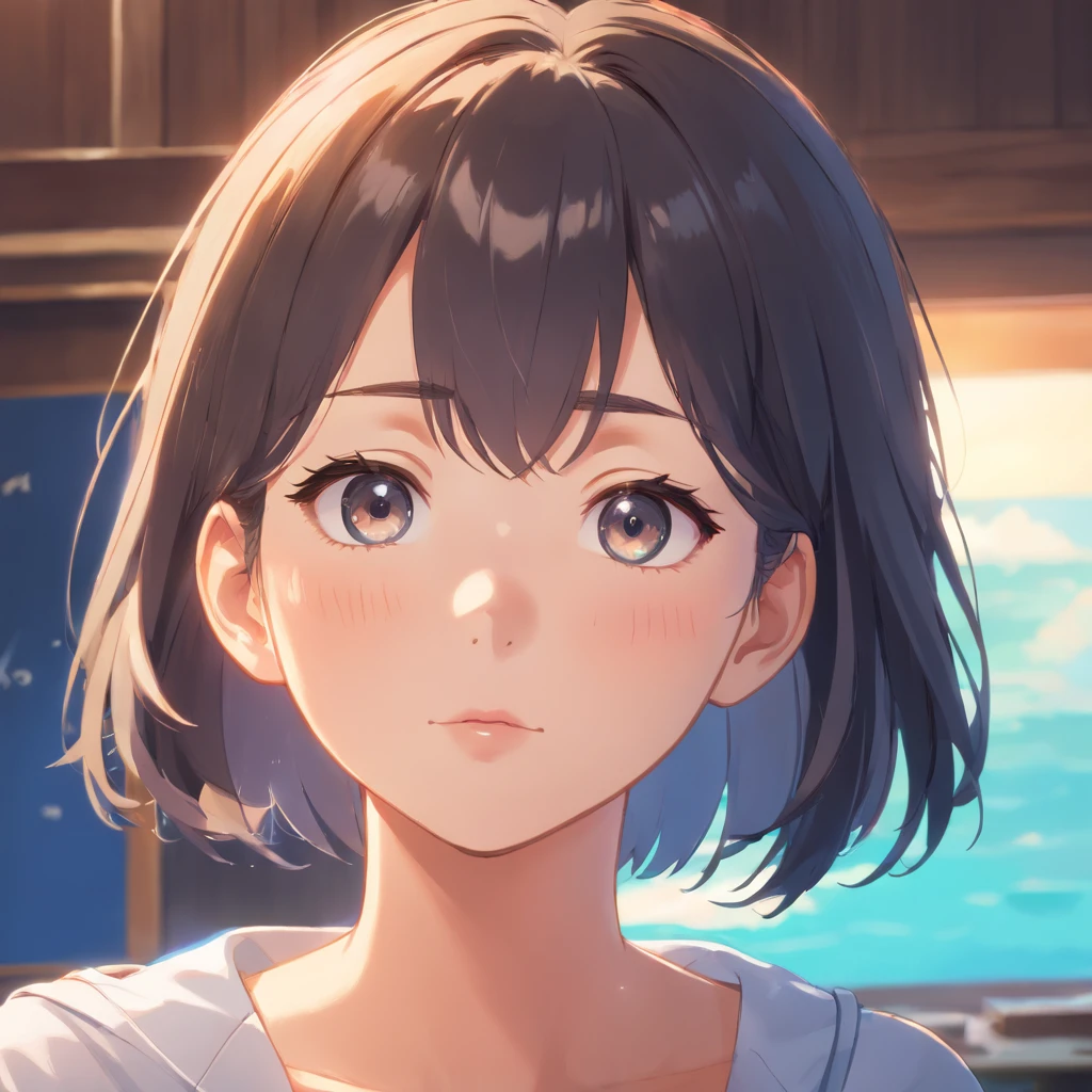 SeaArt Bot Variation 13:44:05 ((masterpiece、top-quality、high-detail))、1人、The mouth is slightly open、He is looking at me with a strange expression.、pretty black hair、Shorthair、big eye、Put your ears out、long neck、age19、glowy skin、The face of the golden ratio、face perfect、Tear mole、Clean bangs、lipgloss、thin lipss、White-colored skin、short-haired、blushing cheeks、The background is in the room、Upper eyes