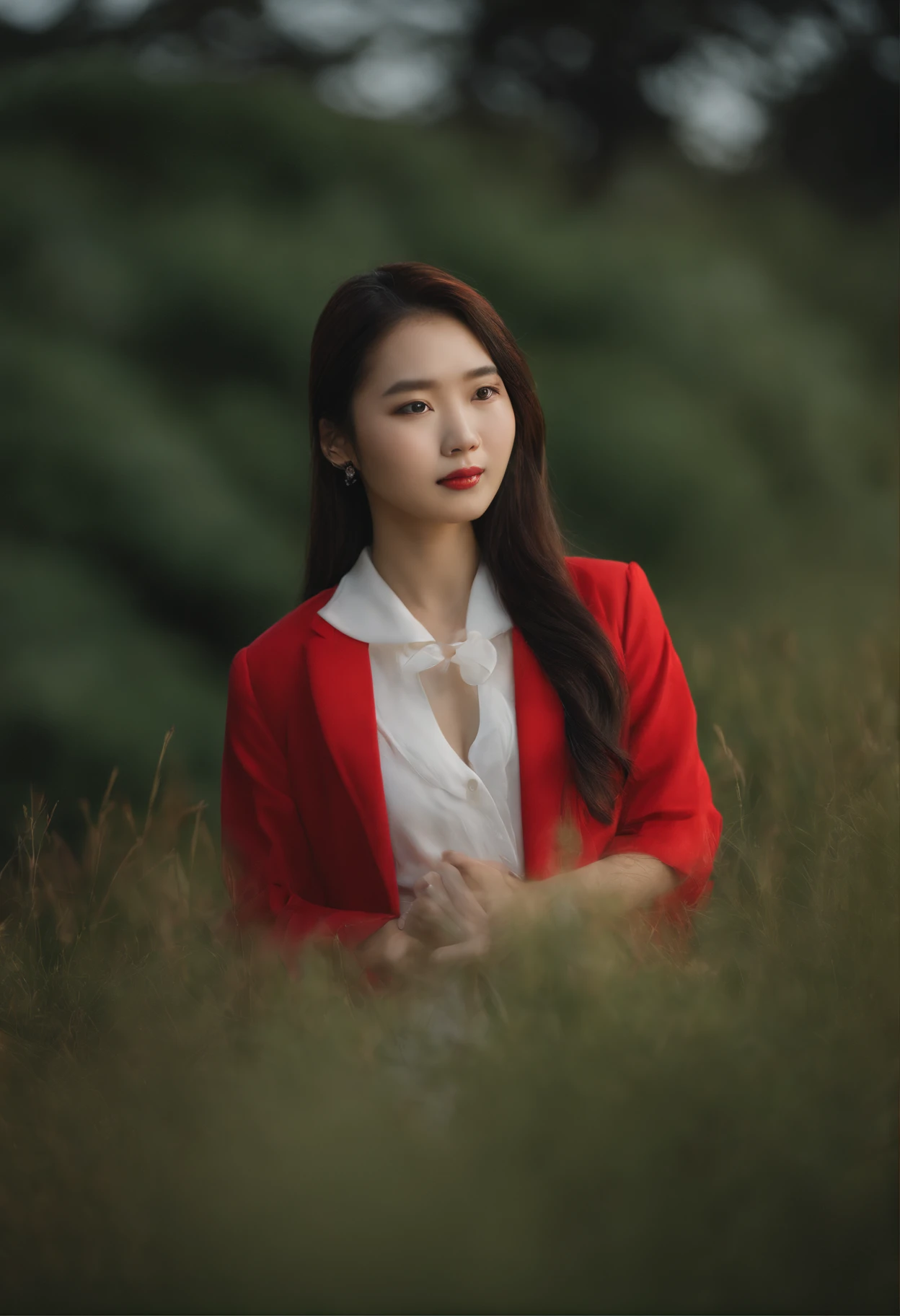 In the field stood a woman in a red tie, Soft portrait shot 8 K, A young Asian woman, shot on a Canon EOS R5, shot on canon eos r 5, taken with canon eos 5 d mark iv, portrait shot 8 k, taken with canon 5d mk4, taken with sony alpha 9, portrait of a japanese teen