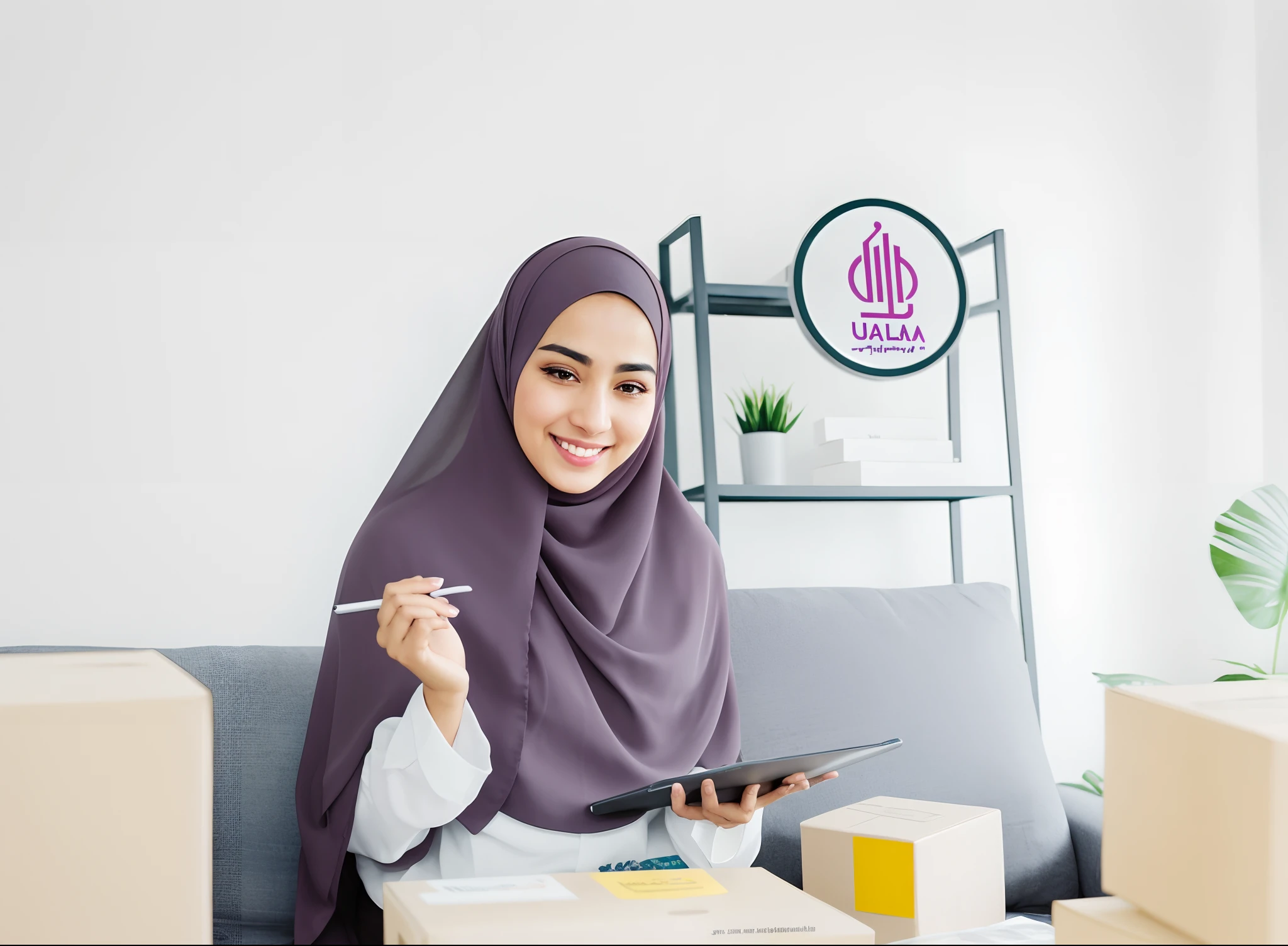 woman in hijab sitting on couch using tablet computer, mutahar laughing, malaysian, arab ameera al taweel, official product photo, young middle eastern woman, portrait shot, full protrait, hijab, full subject shown in photo, smiling with confidence, portrait image, photo from 2022, delivering parsel box, she is smiling and excited, 8k, ultra sharp