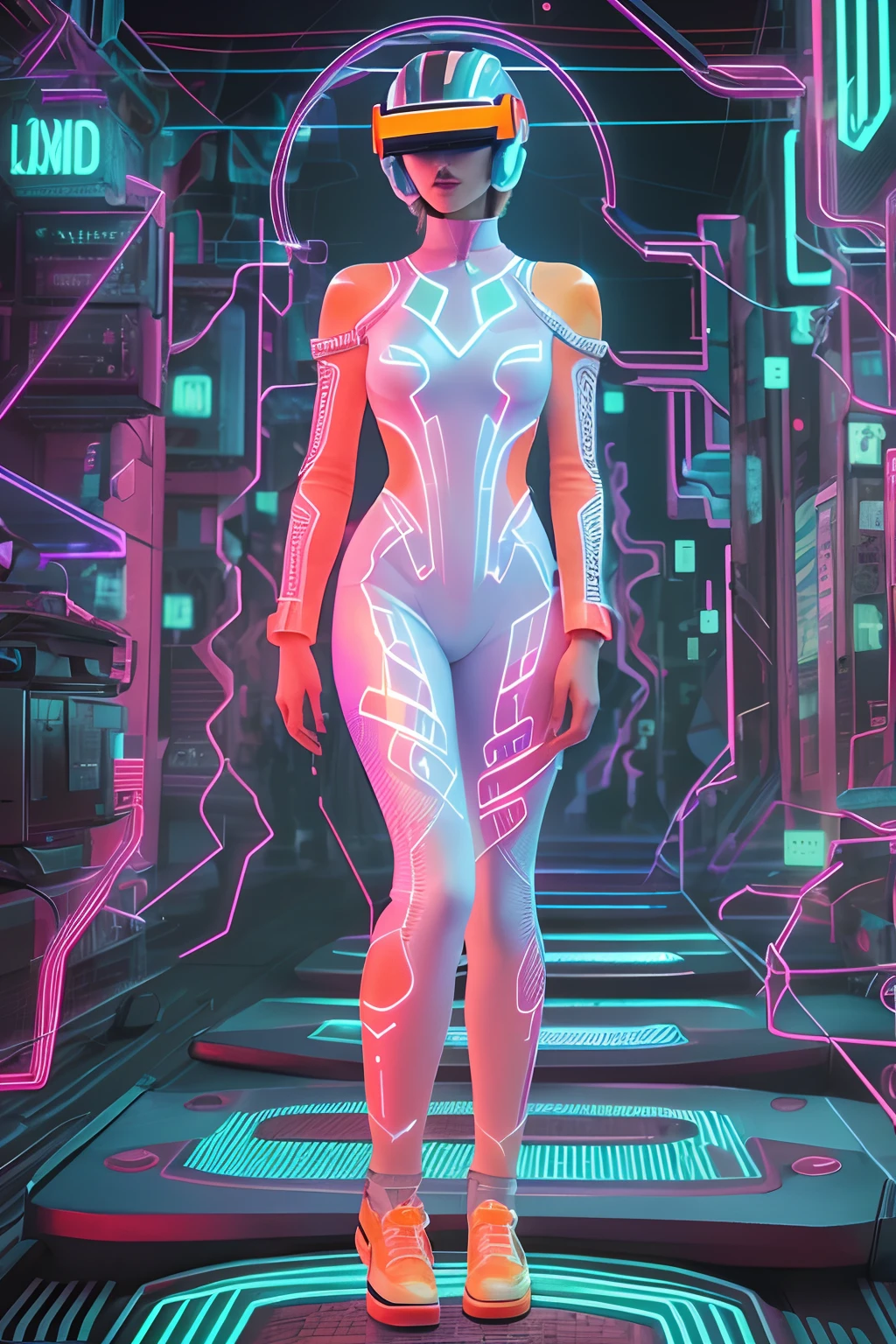 Digital Girl, Parts Hologram, (Best Quality,4K,8K,hight resolution,masutepiece:1.2),Ultra-detailed,(Realistic,Photorealistic,Photorealsitic:1.37), Vivid colors, Bokeh, 3D Rendering, interactive art, Futuristic landscape, Luminescent circuit pattern like the art of French painter Moebius, cyberpunk aesthetic, Bright blue neon light, Pixelated effects, glowing particles, Motion Blur, glitch effect, High-tech fashion, Holographic makeup, Reflective surfaces, Dynamic Posing, sleek, Mobius-inspired design, Immersive virtual reality environments.Movie Tron、moebius、Syd Mead、Kevin Flynn、tron(1982,movie),Pure white suit covering the whole body、Movie Tron Helmet、Electronic circuit pattern、Cindy Morgan、Lola、Short-cut hairstyles、Immaculate helmet、Neon pattern on helmet、Tron Design、Pure white smooth full-body suit、Tron suit imitating electronic circuits in white and blue tones、The background is a neon pattern of a complex electronic circuit that emits red and orange light without pink color