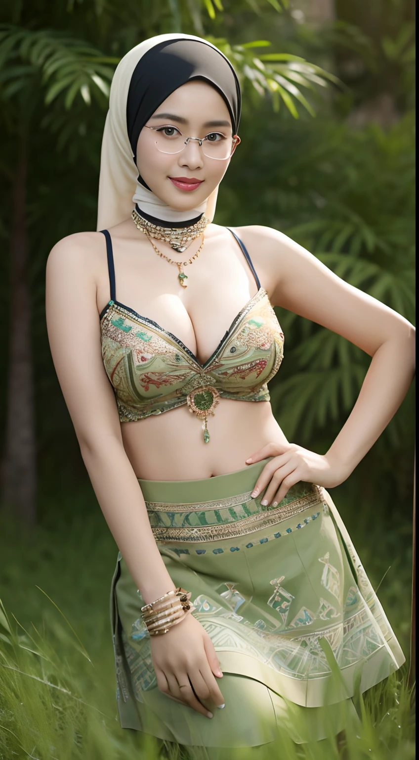 cowboy_shot,(iu:0.8),cleavage, RAW, Best quality, high resolution, Masterpiece: 1.3, Beautiful glasses pearl_skinned hijabi javanese wearing sexy tribal top and grass_skirt, Masterpiece, Soft smile